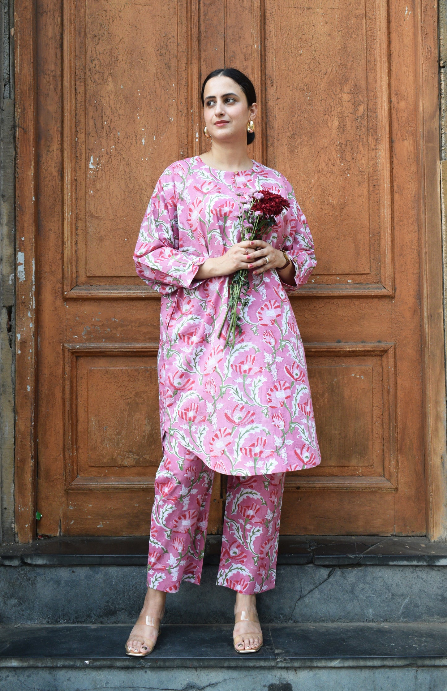 Pink and White Hand block Printed Antifit co-ord Set