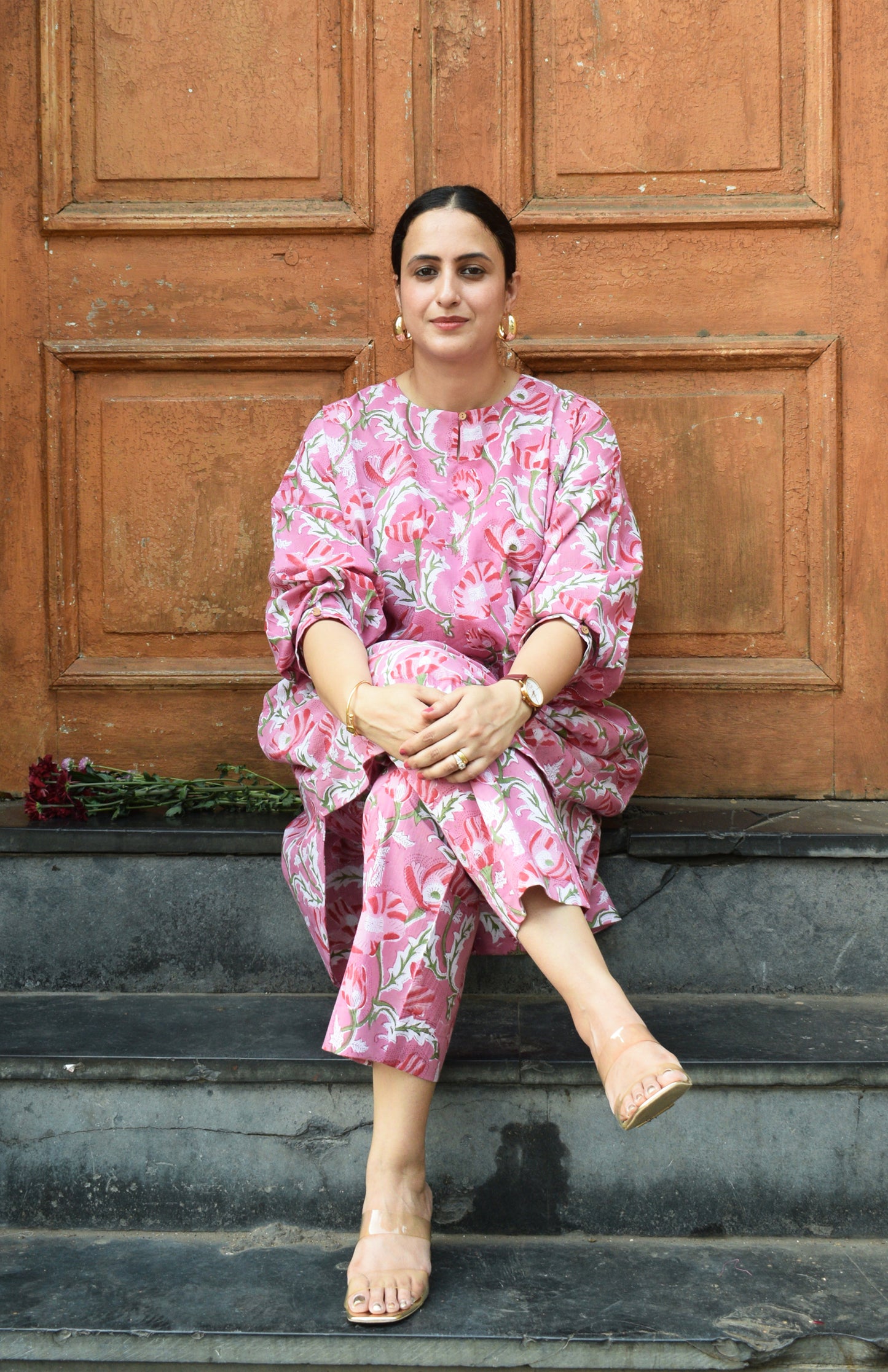 Pink and White Hand block Printed Antifit co-ord Set
