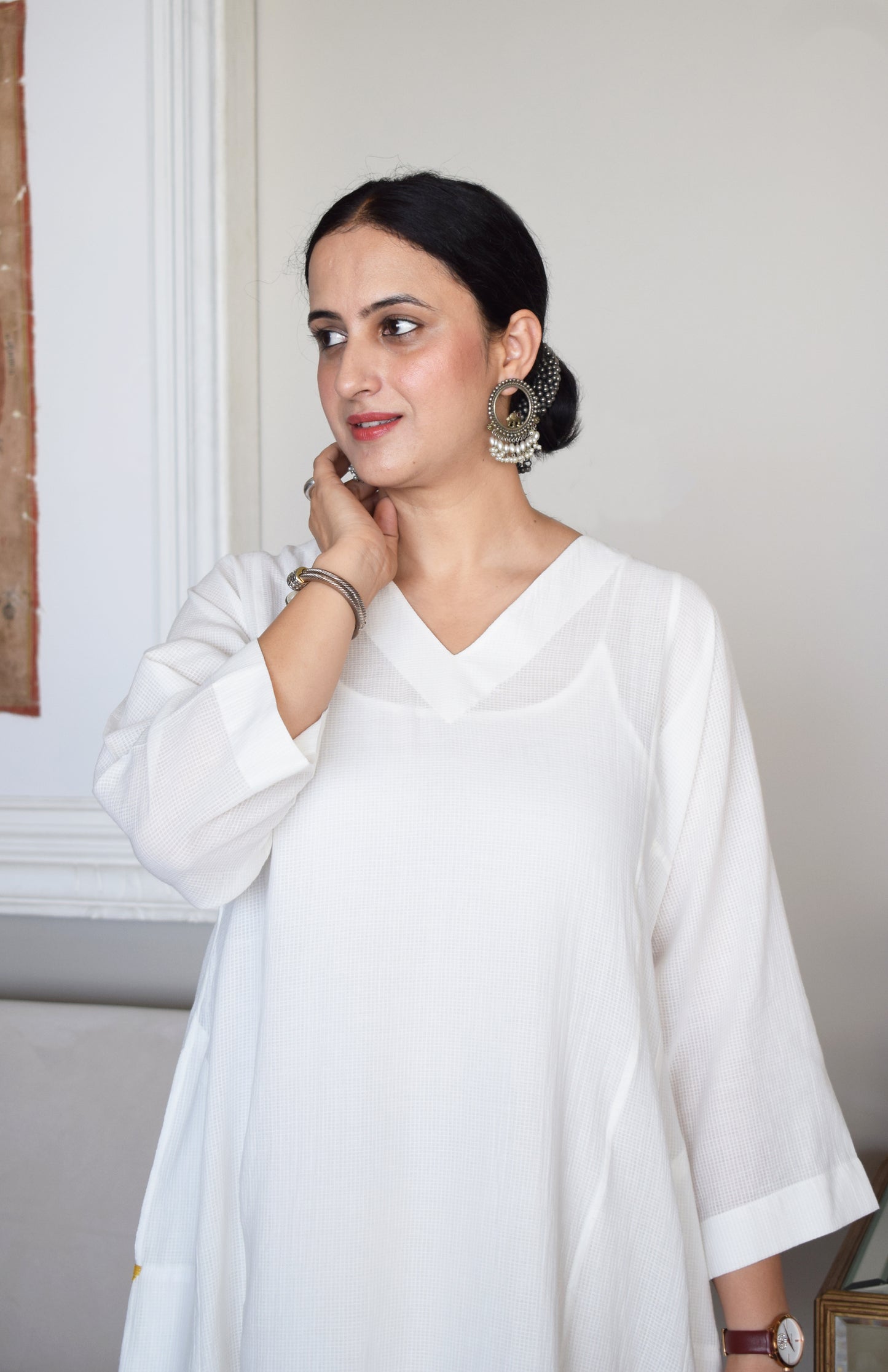 White Phiran Kurta in Handwoven Checks