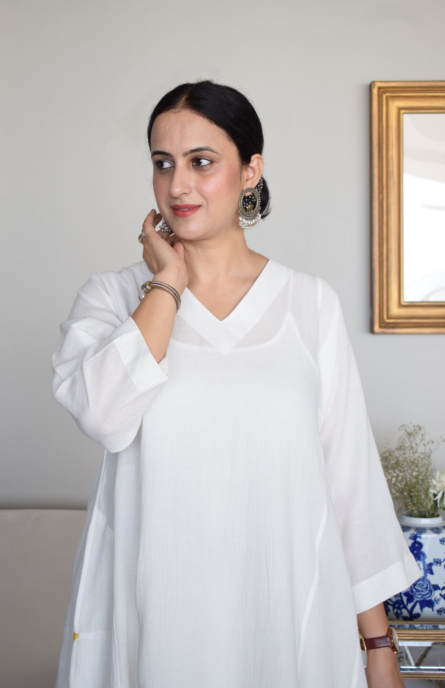White Phiran Kurta in Handwoven Checks with Yellow Floral Pants