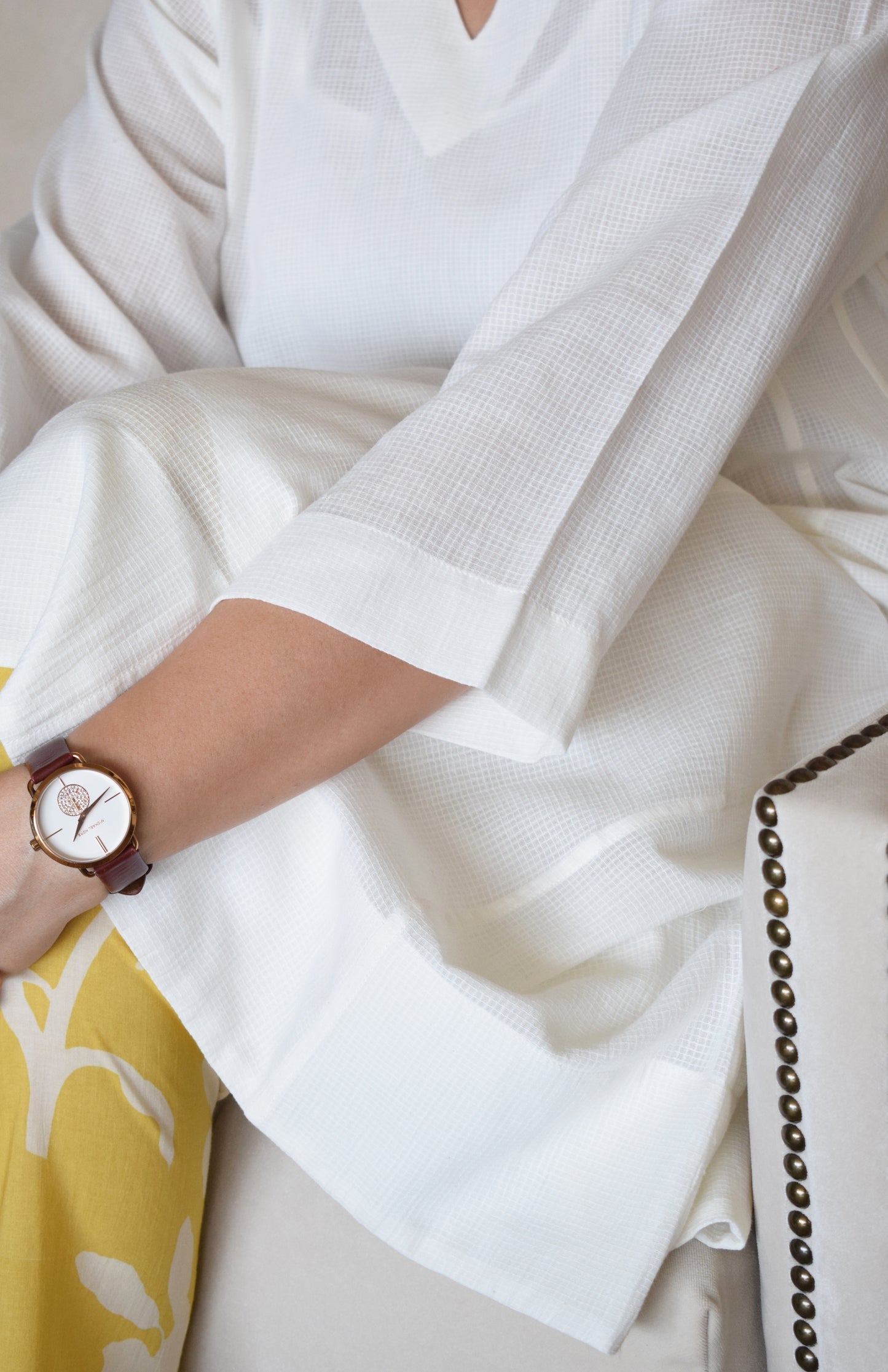 White Phiran Kurta in Handwoven Checks with Yellow Floral Pants