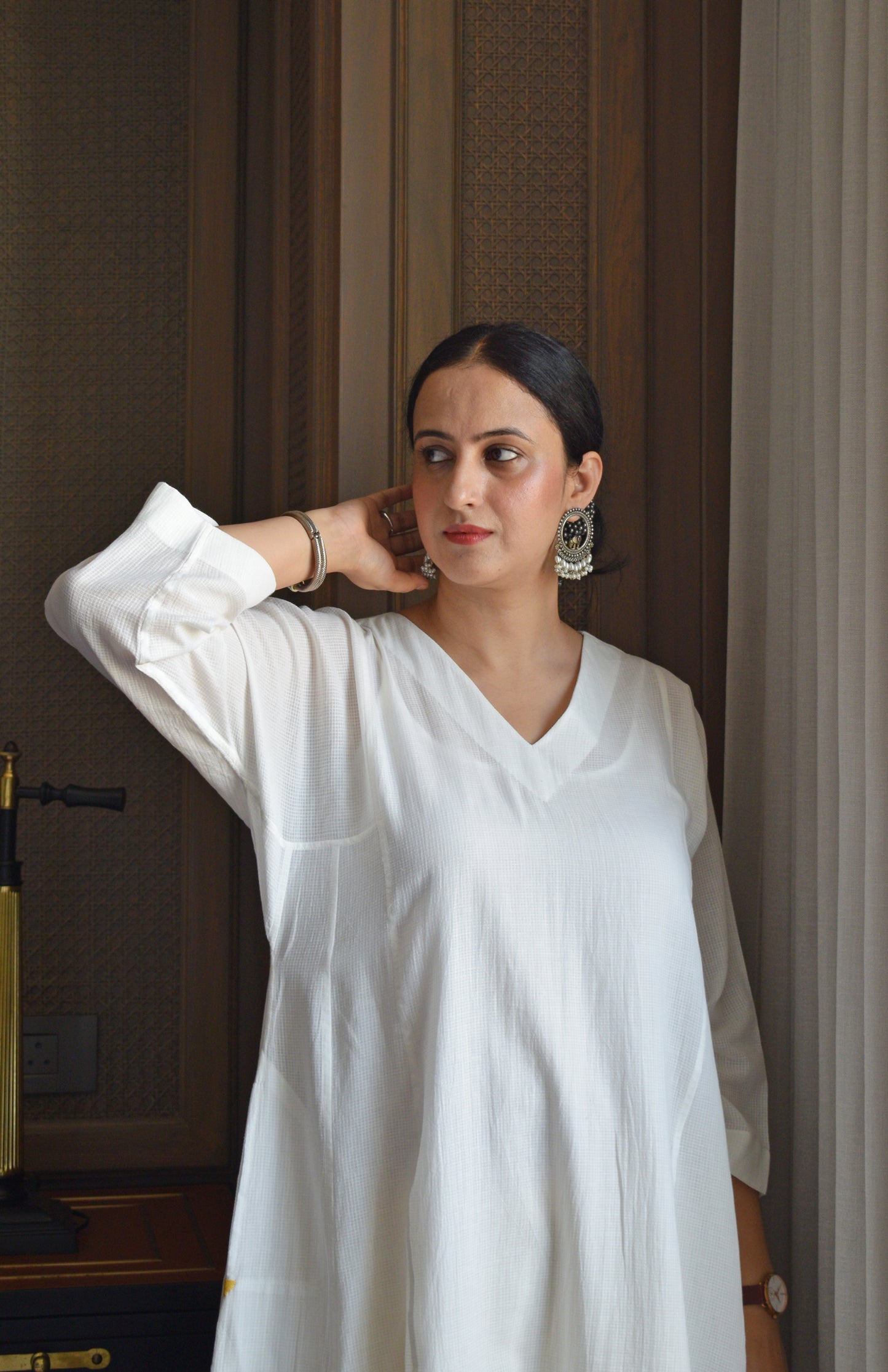 White Phiran Kurta in Handwoven Checks with Yellow Floral Pants