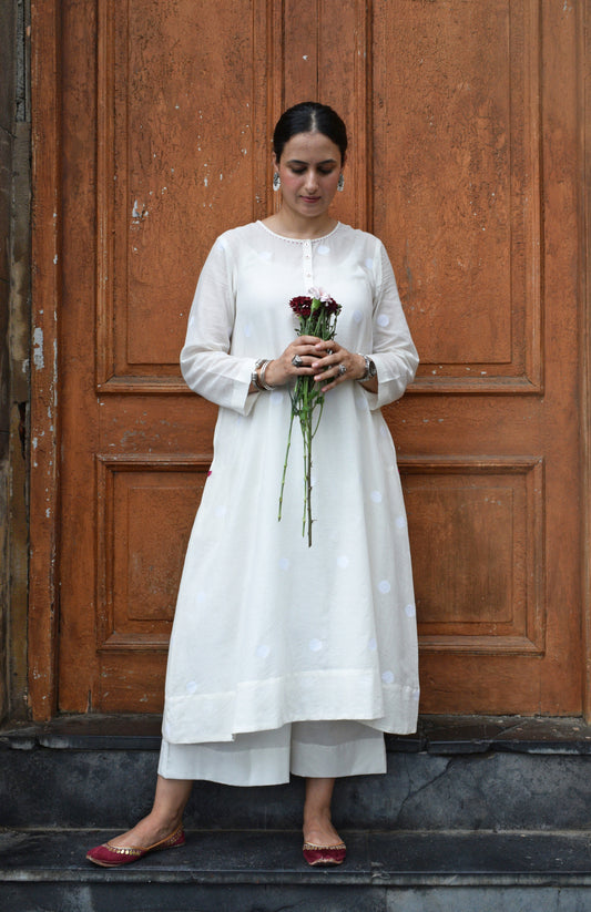 Off White Jamdani Polka dot Kurta with Off White Pyjama