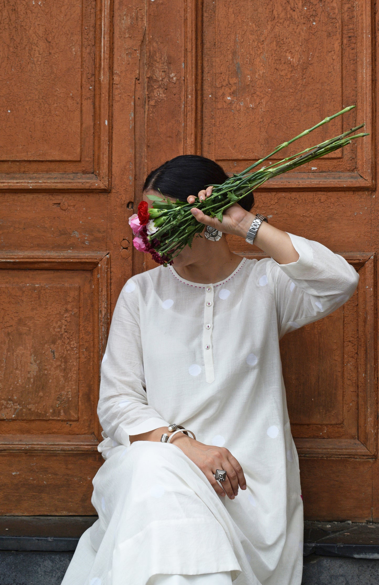 Off white jamdani Polka dot kurta with placket
