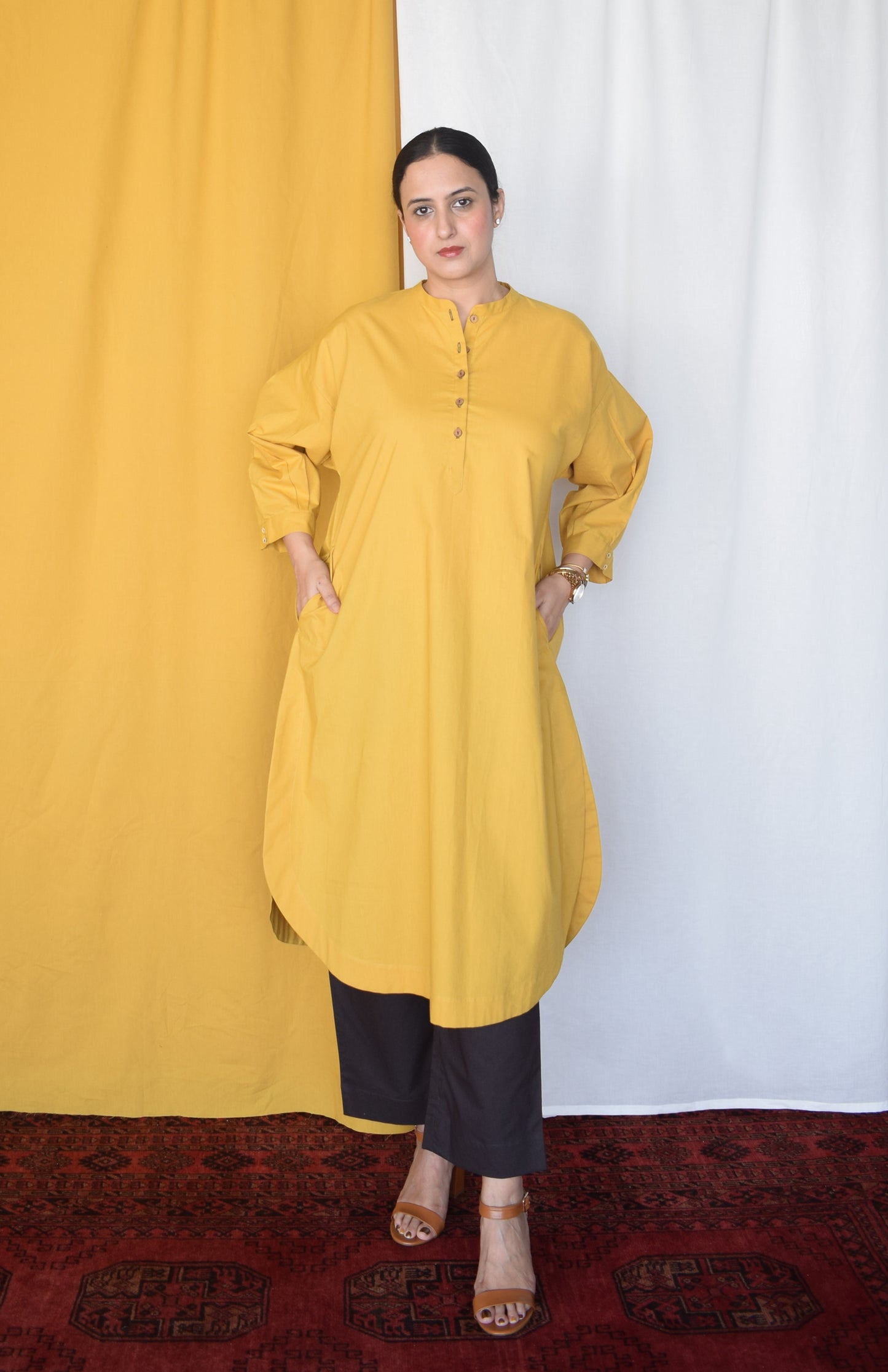 Anar Yellow Antifit Kurta Set with Charcoal Pants