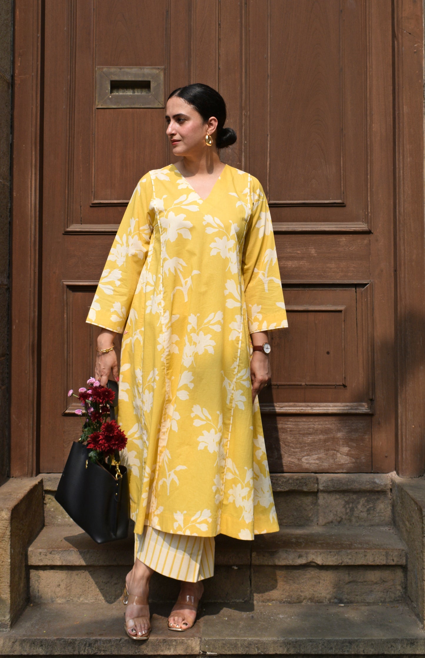 Yellow Floral Panelled Kurta with Striped Pajama