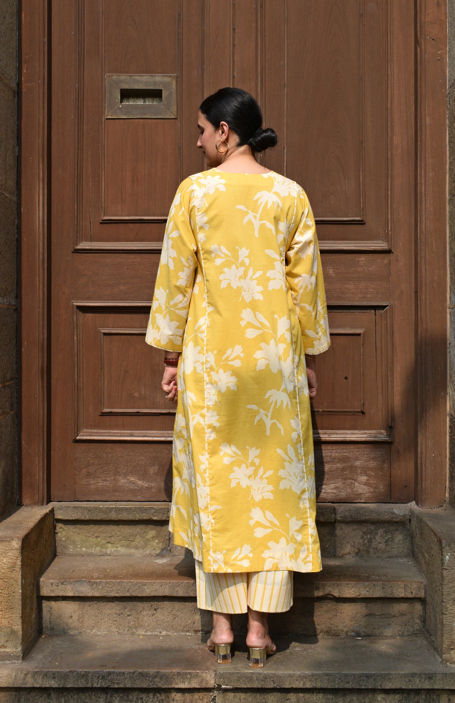 Yellow Floral Panelled Kurta with Striped Pajama