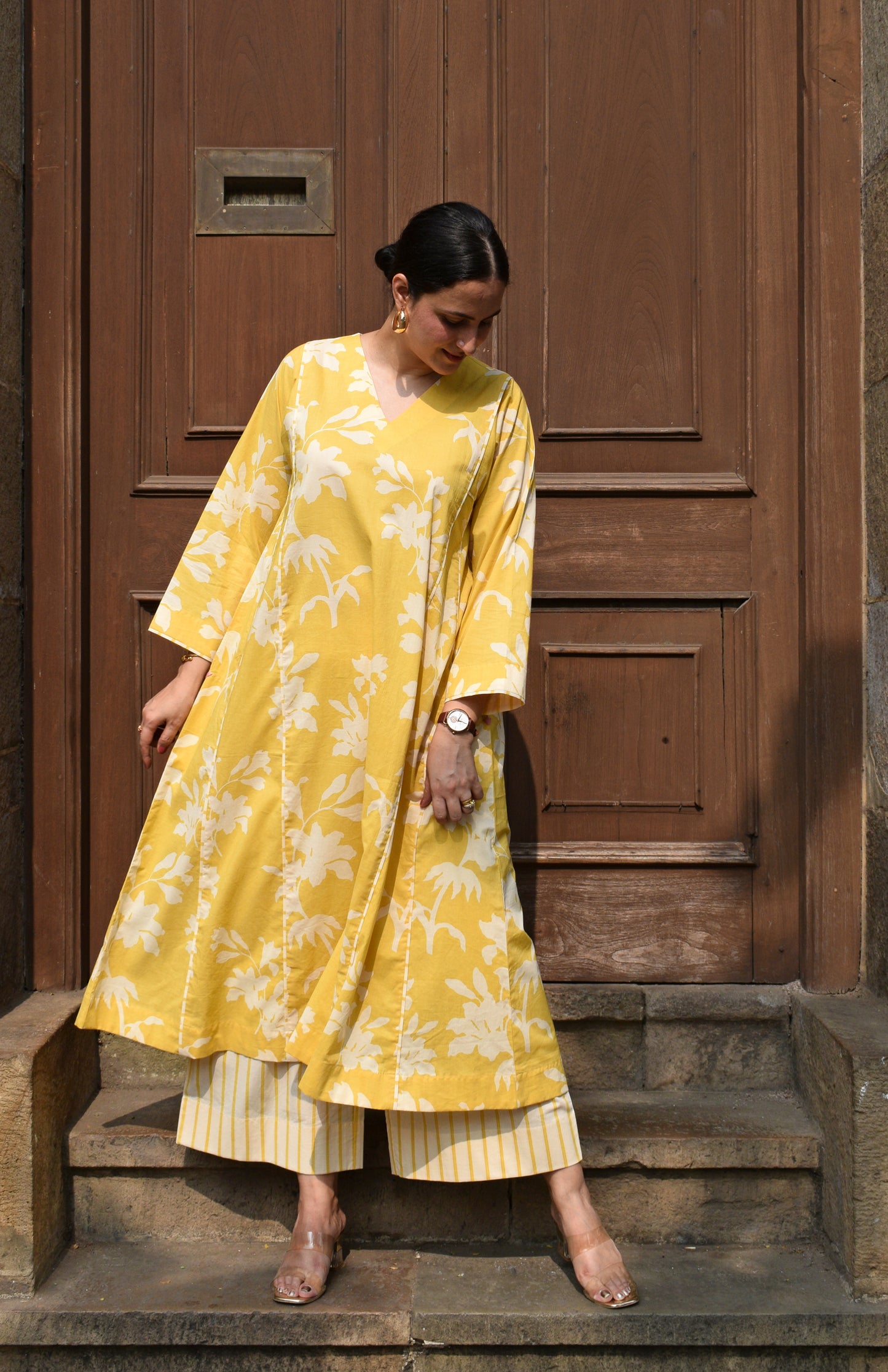 Yellow Floral Panelled Kurta with Striped Pajama