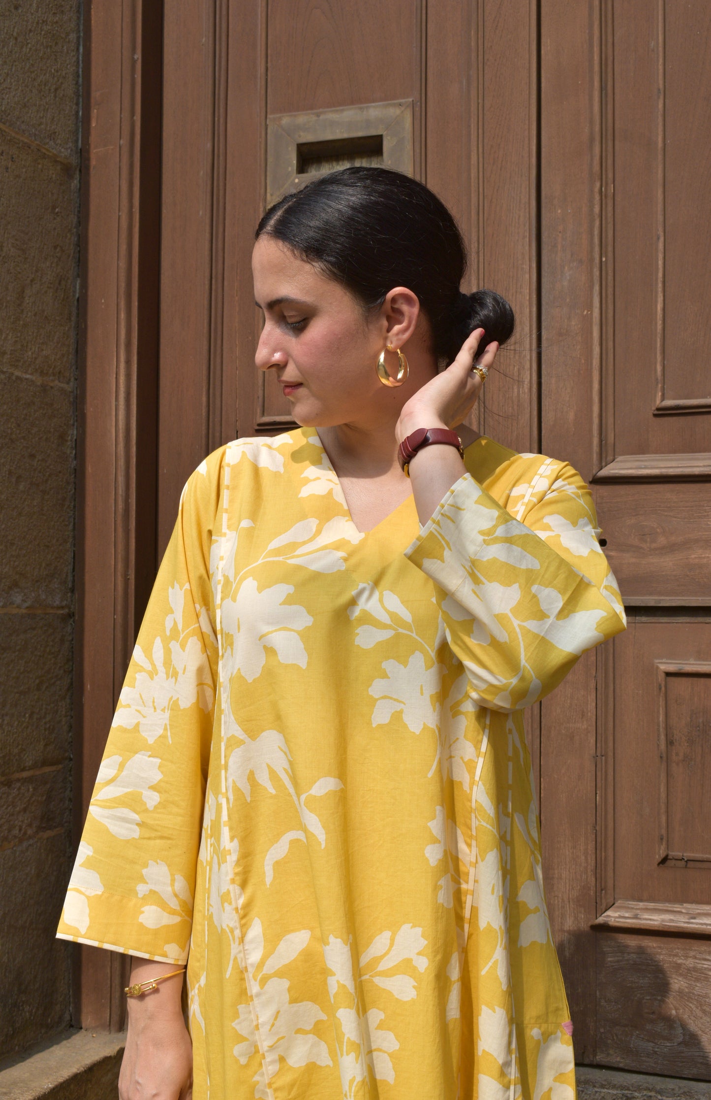 Yellow Floral Panelled Kurta with Striped Pajama