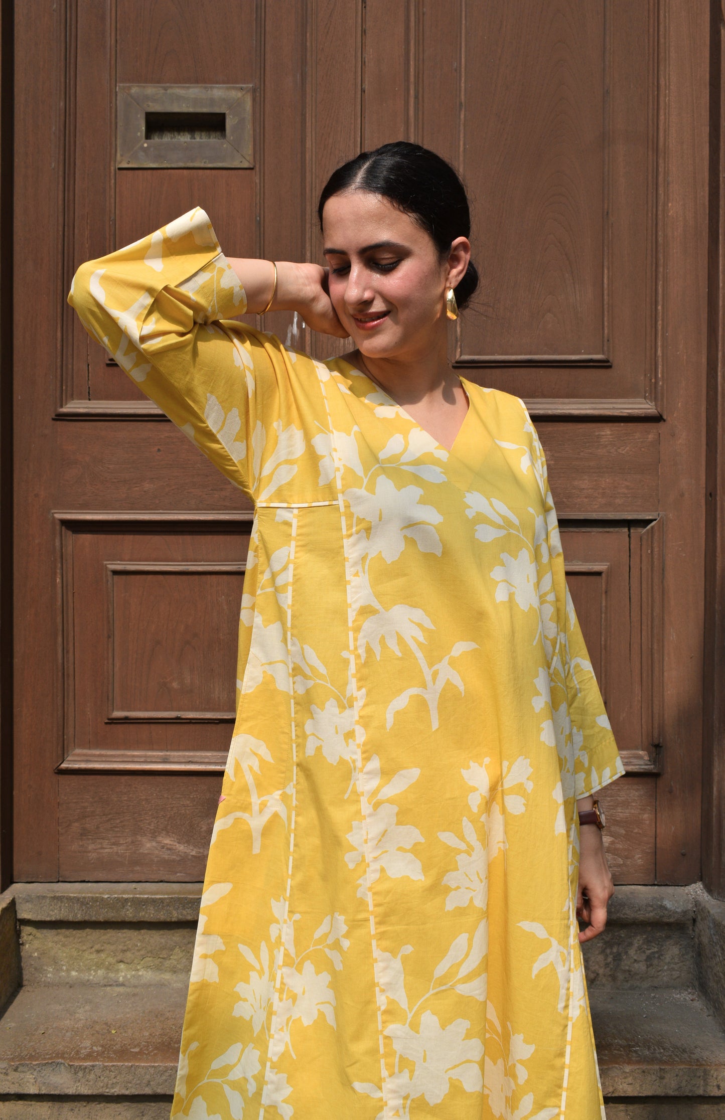 Yellow Floral Panelled Kurta with Striped Pajama