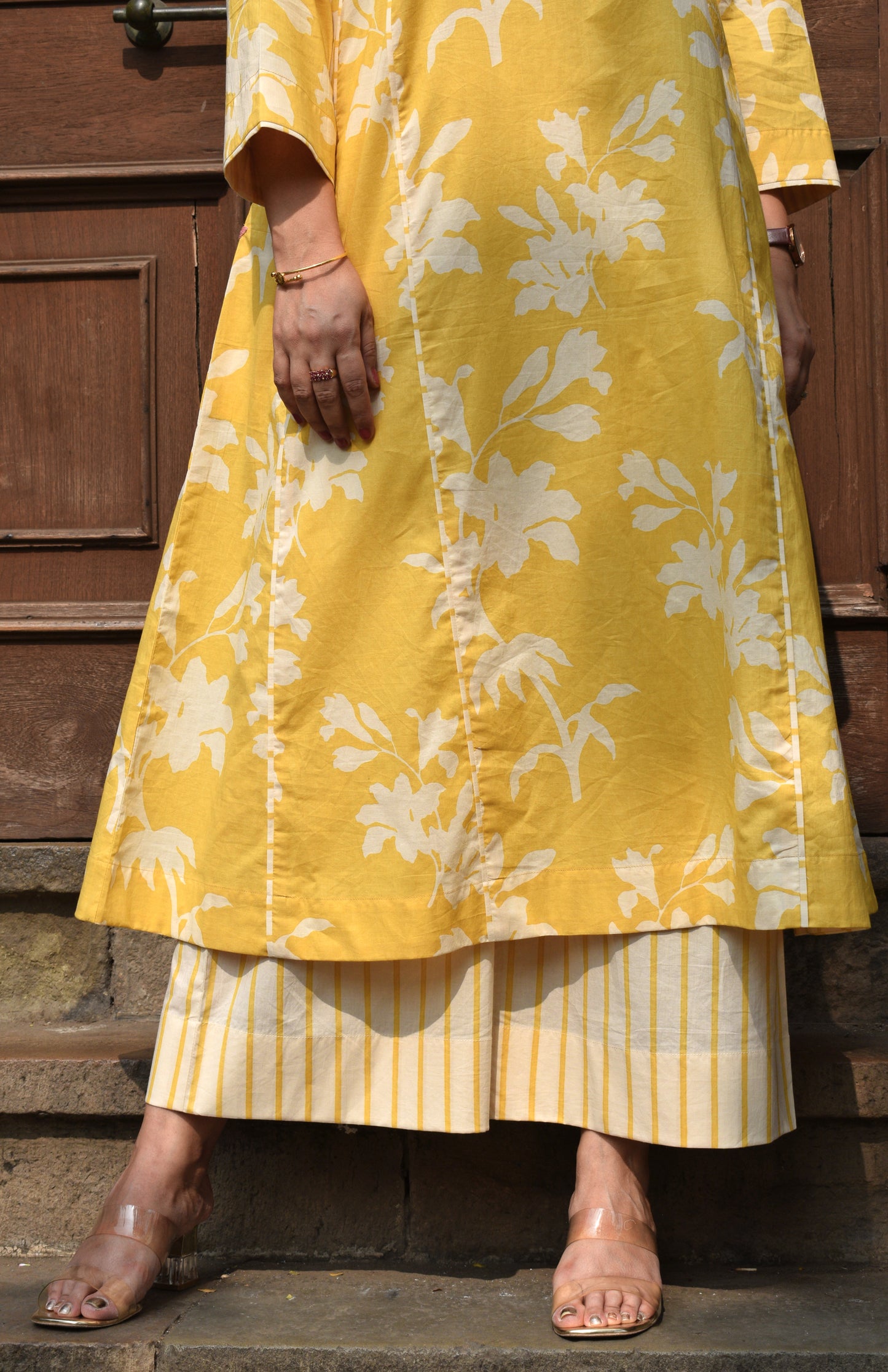 Yellow Floral Panelled Kurta with Striped Pajama