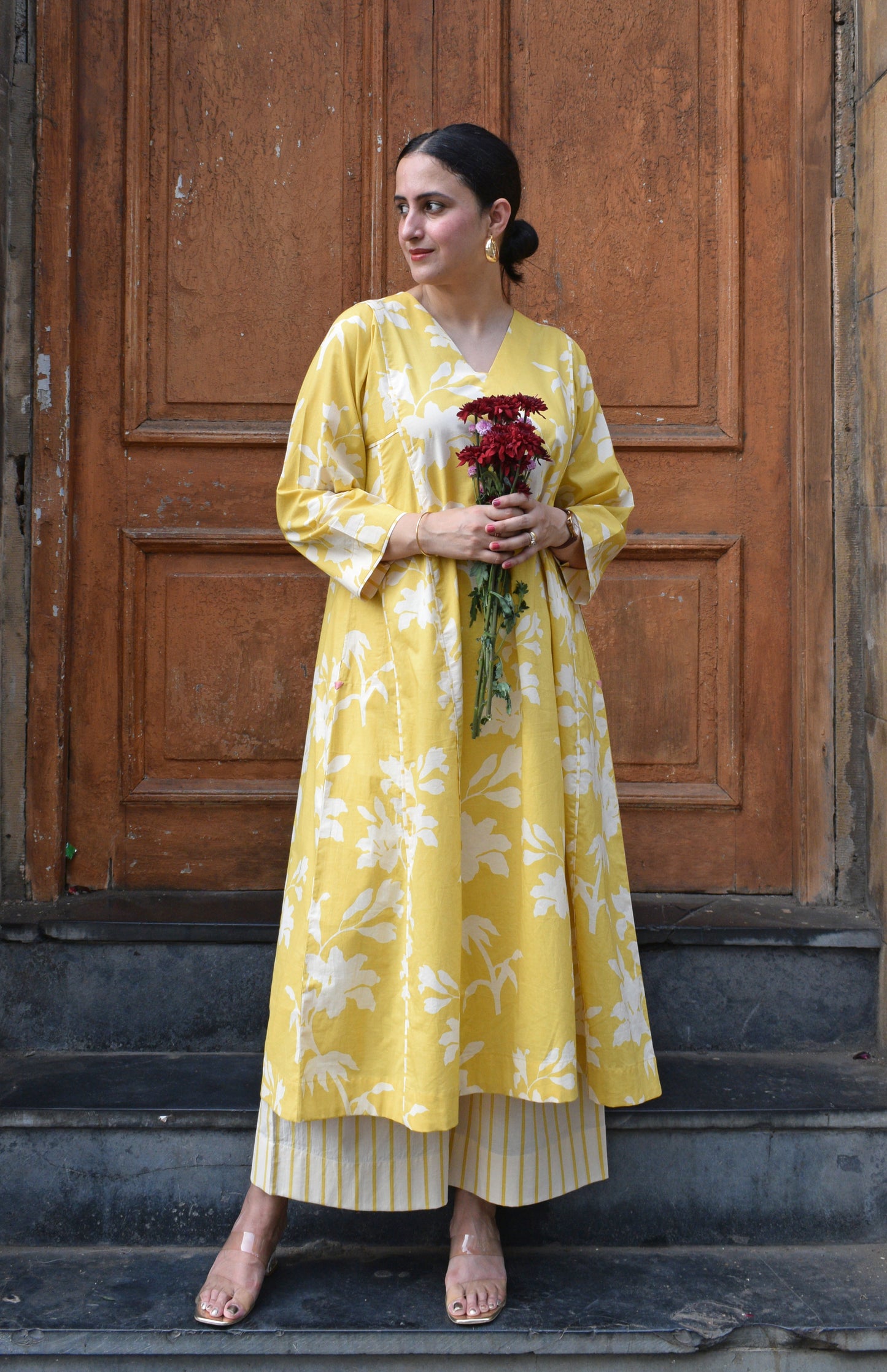 Yellow Floral Panelled Kurta with Striped Pajama