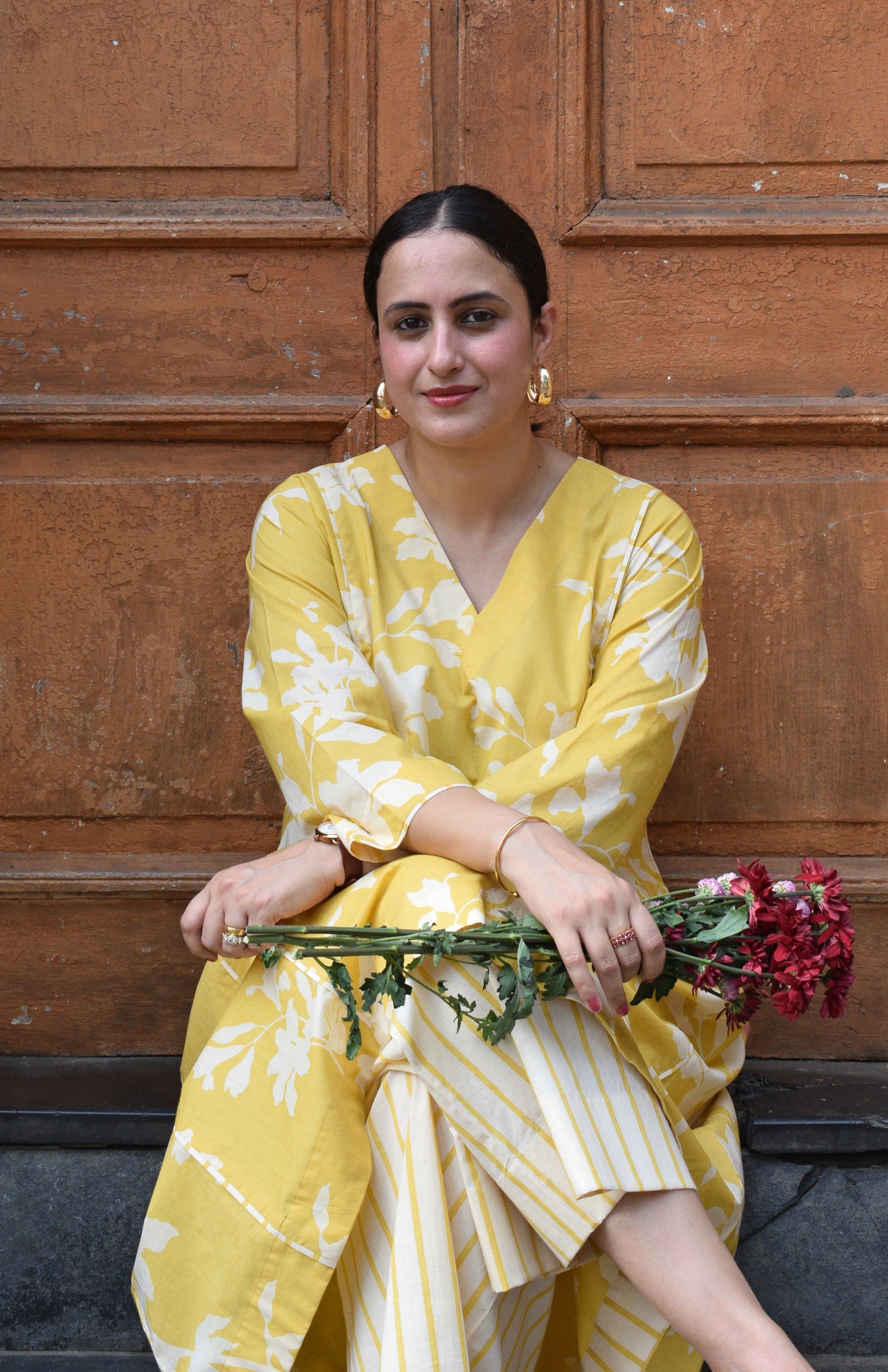 Yellow Floral Panelled Kurta with Striped Pajama