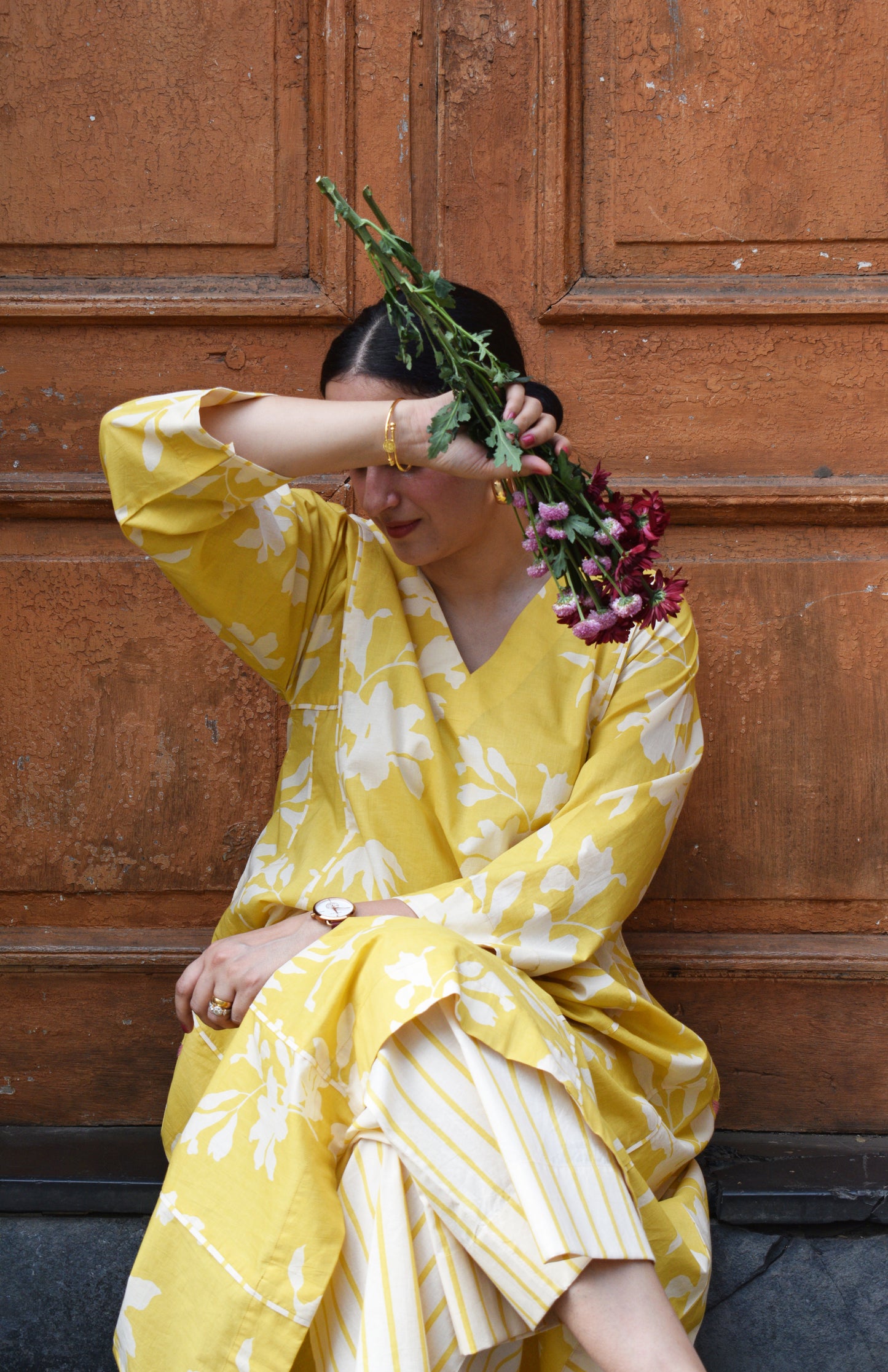 Yellow Floral Panelled Kurta with Striped Pajama