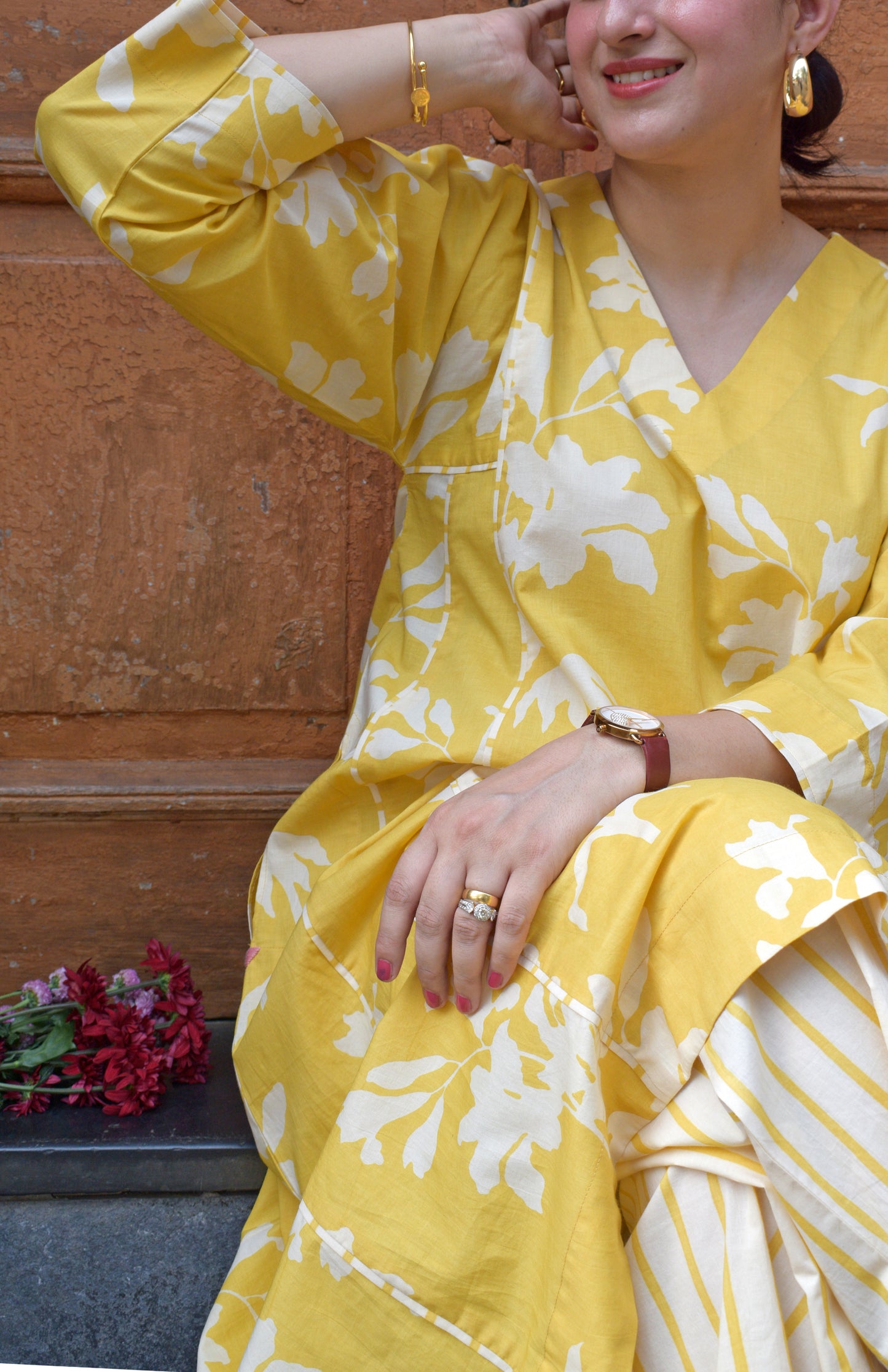 Yellow Floral Panelled Kurta with Striped Pajama