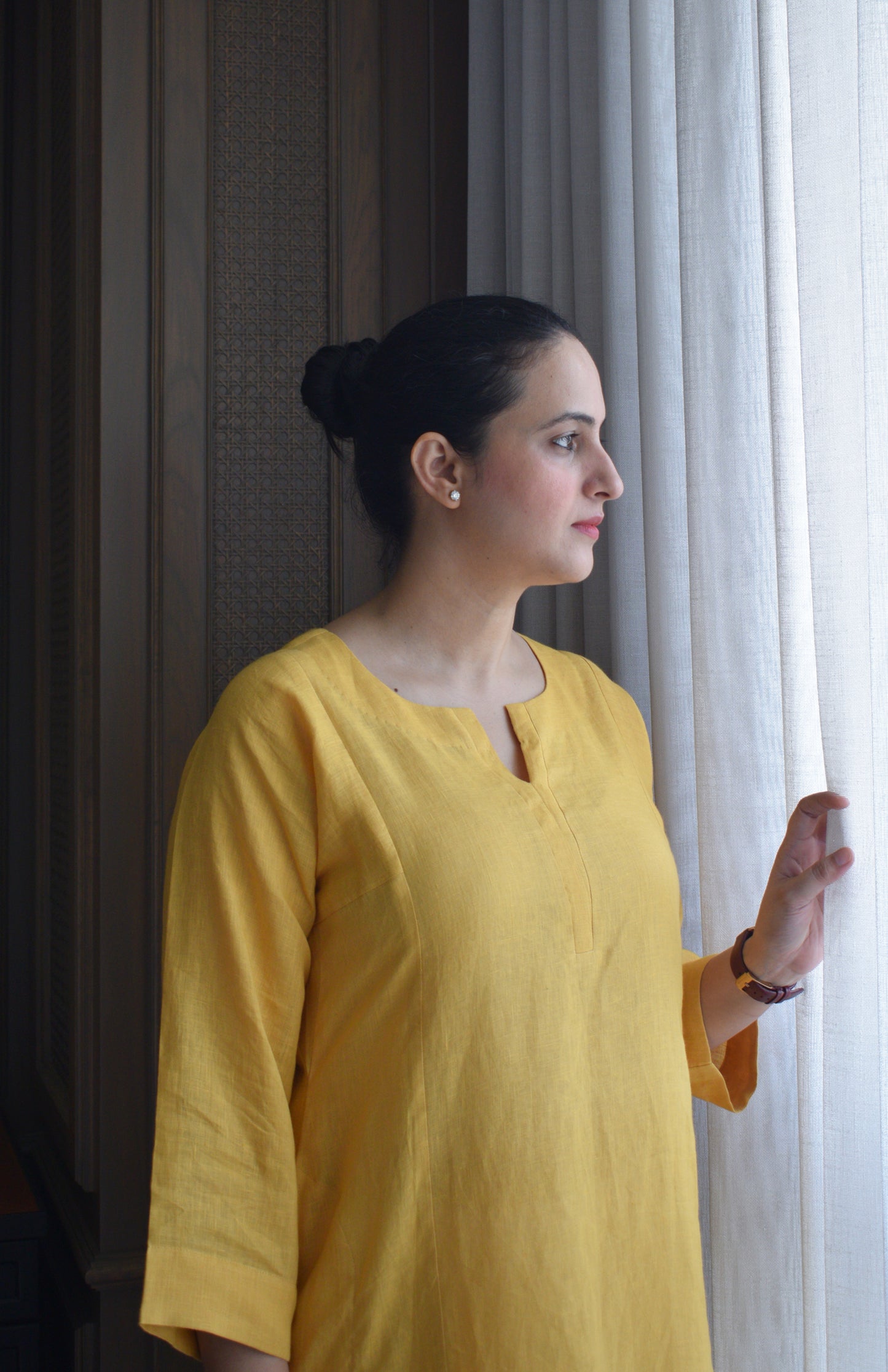 Yellow Linen Straight fit paneled kurta