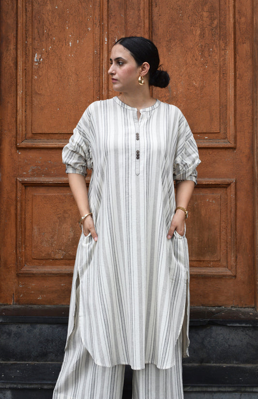 Salt and Pepper Antifit kurta in Handwoven Stripes