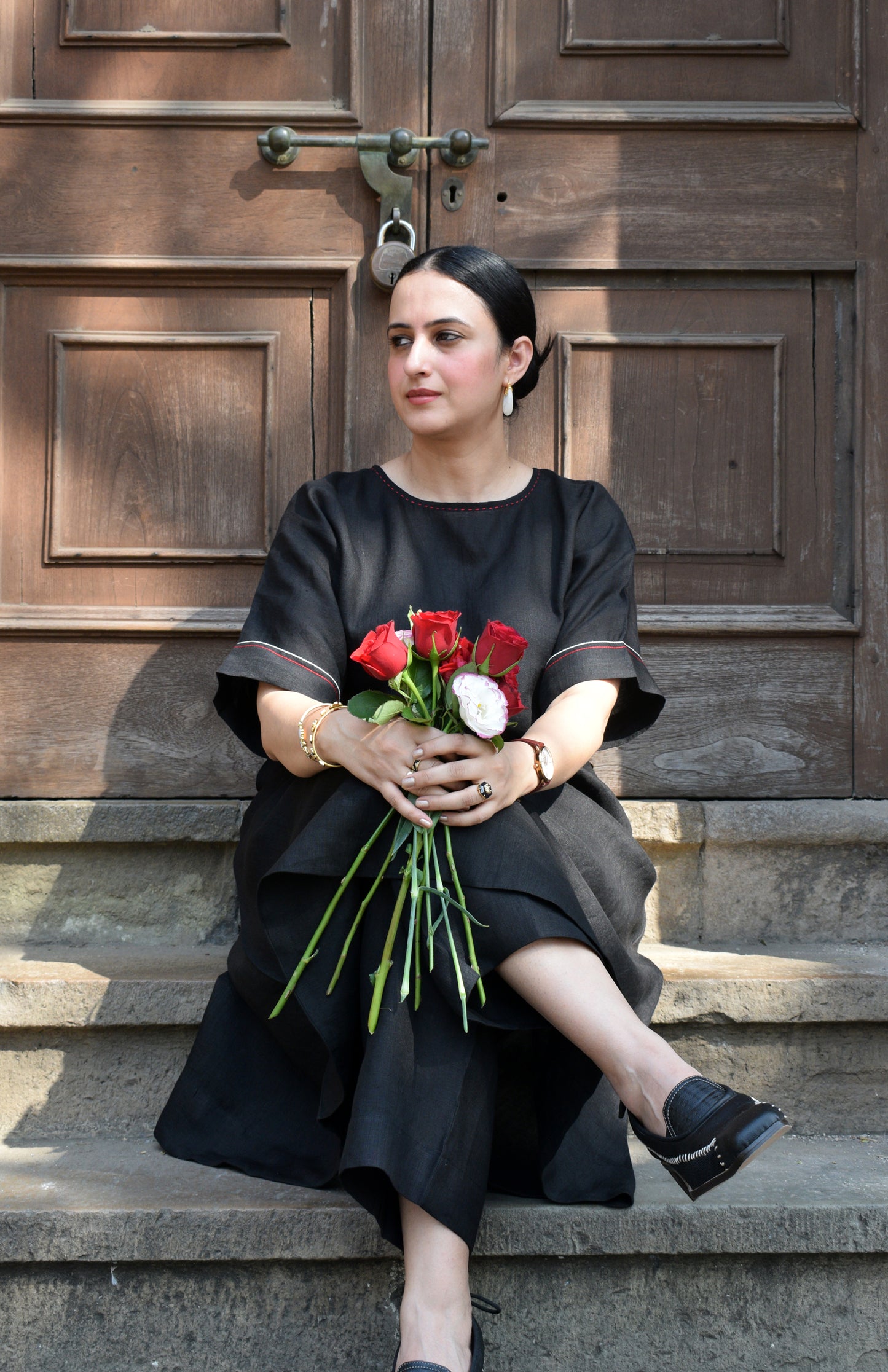 Ink Black A line Linen kurta with Short Dolman sleeves