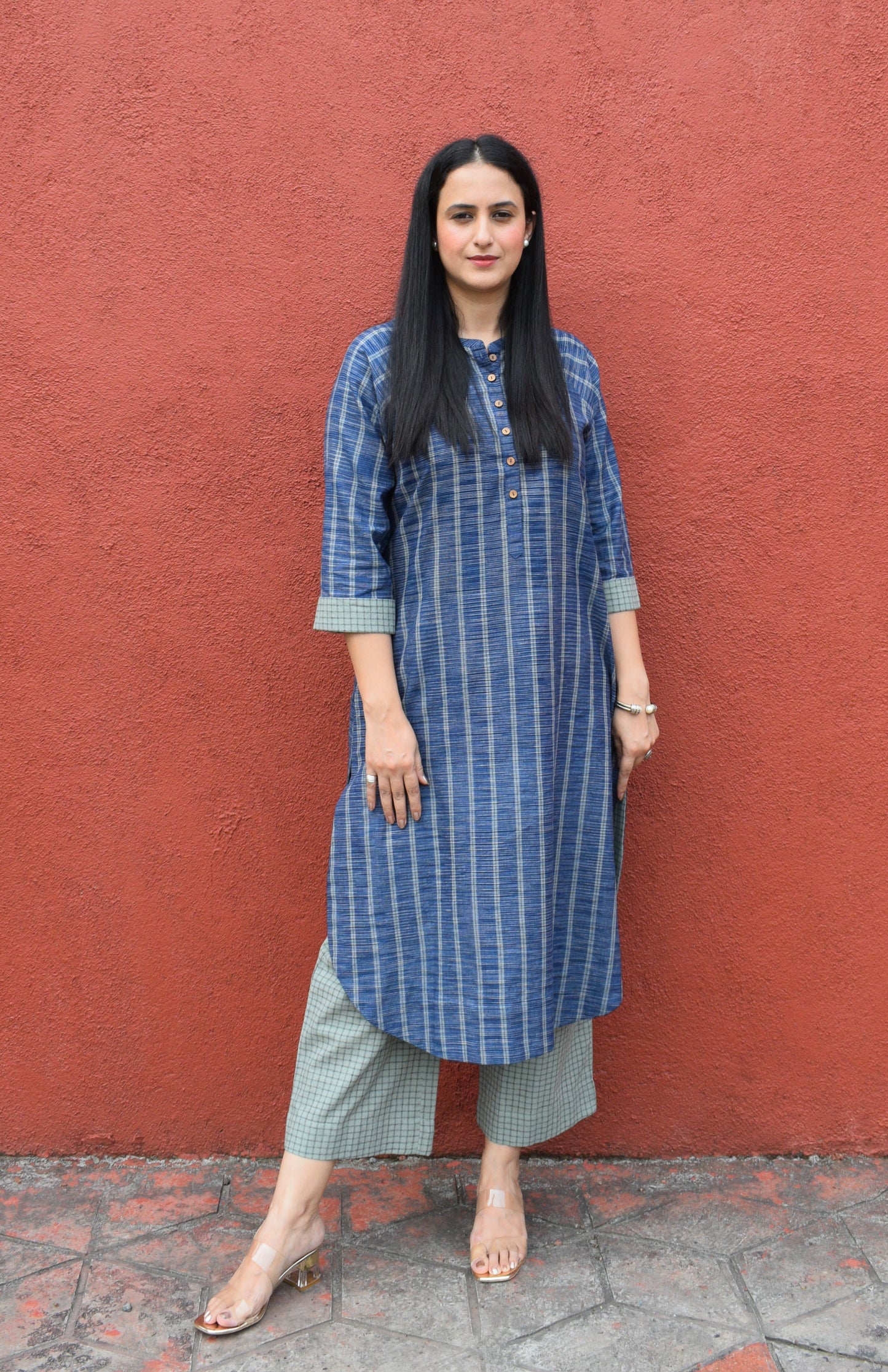 Blue striped Kurta with Raglan sleeve and sage green Pyjama in Handwoven cotton