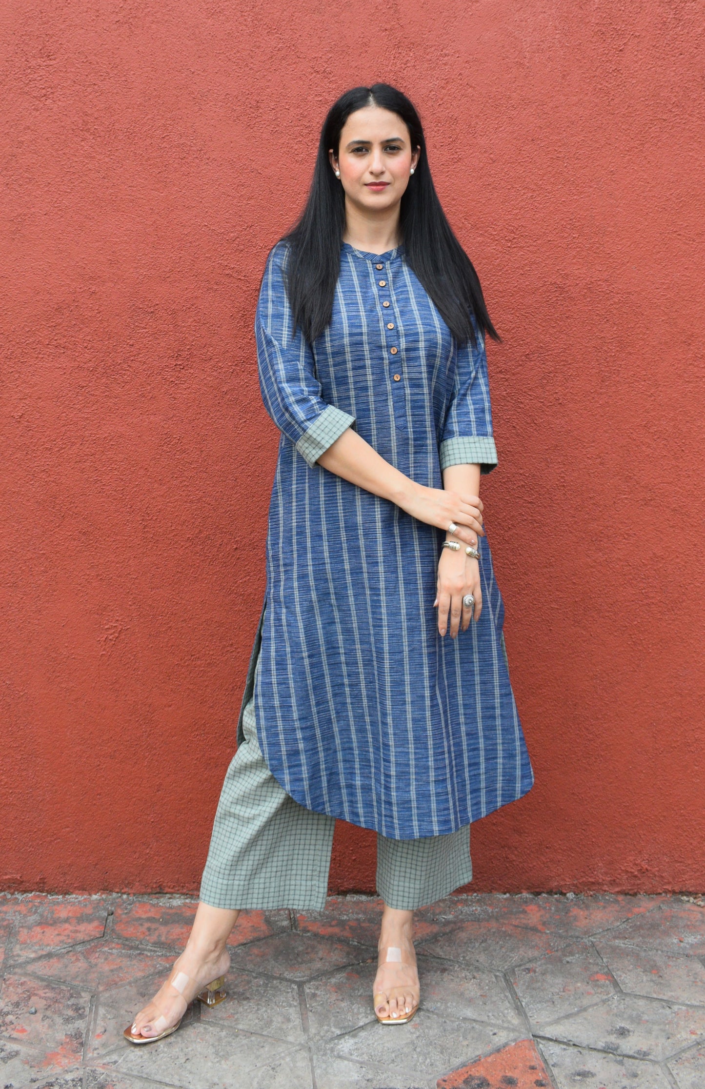 Blue striped Kurta with Raglan sleeve and sage green Pyjama in Handwoven cotton