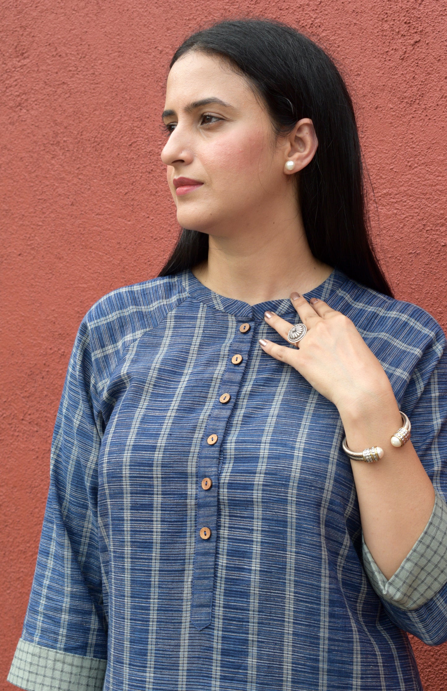 Blue striped Kurta with Raglan sleeve and sage green Pyjama in Handwoven cotton
