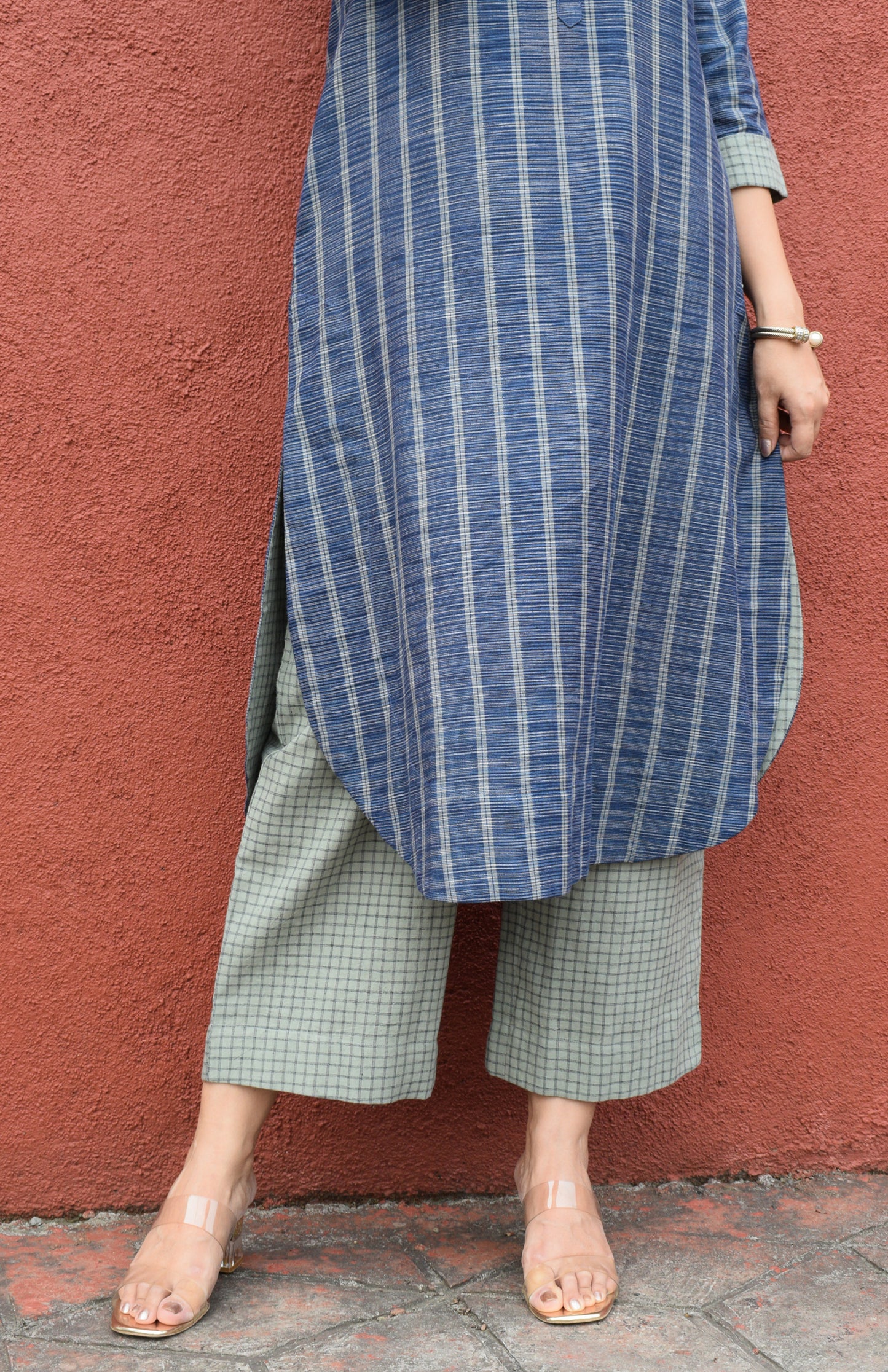 Blue striped Kurta with Raglan sleeve and sage green Pyjama in Handwoven cotton