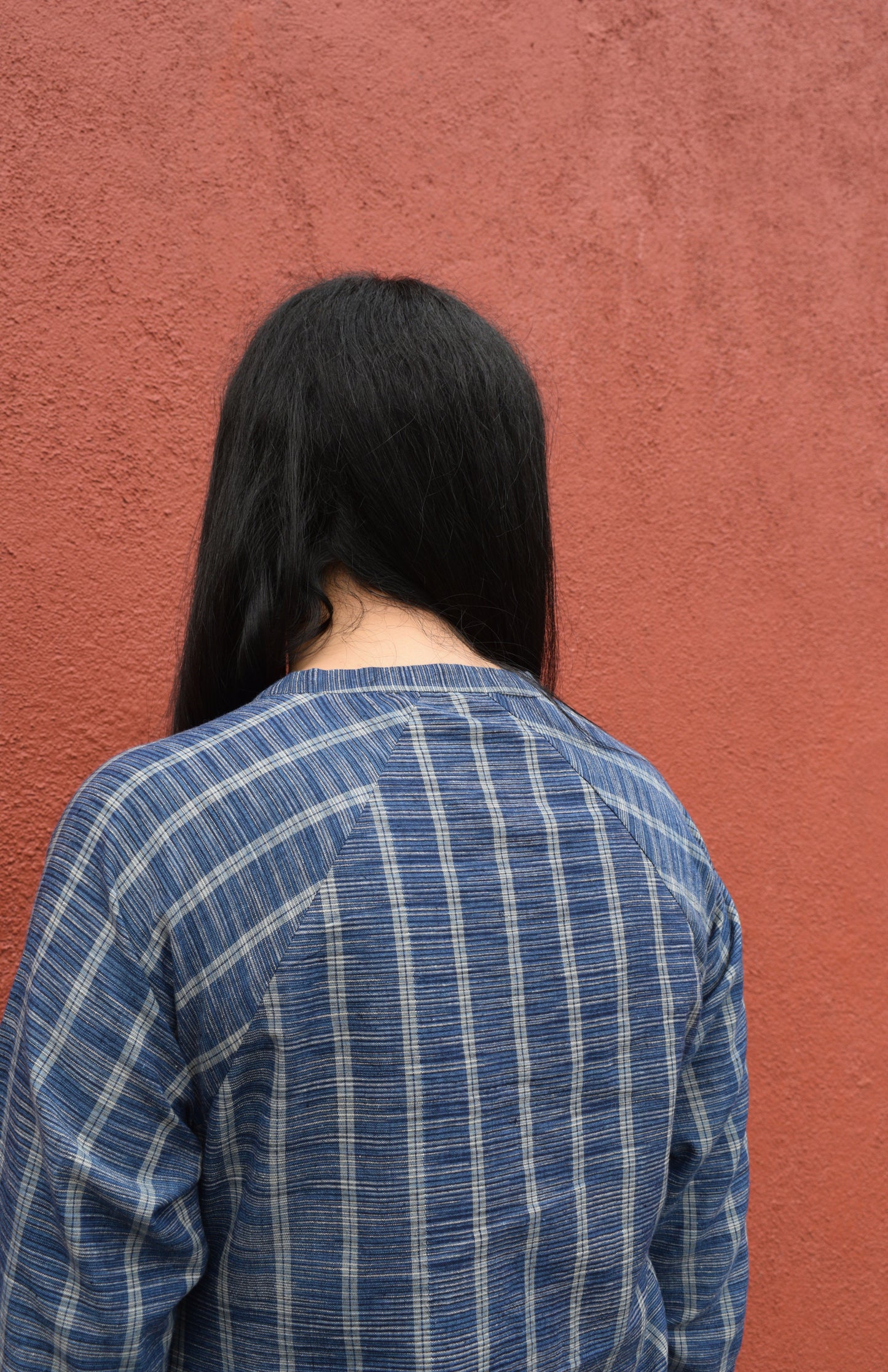 Blue striped Kurta with Raglan sleeve and sage green Pyjama in Handwoven cotton