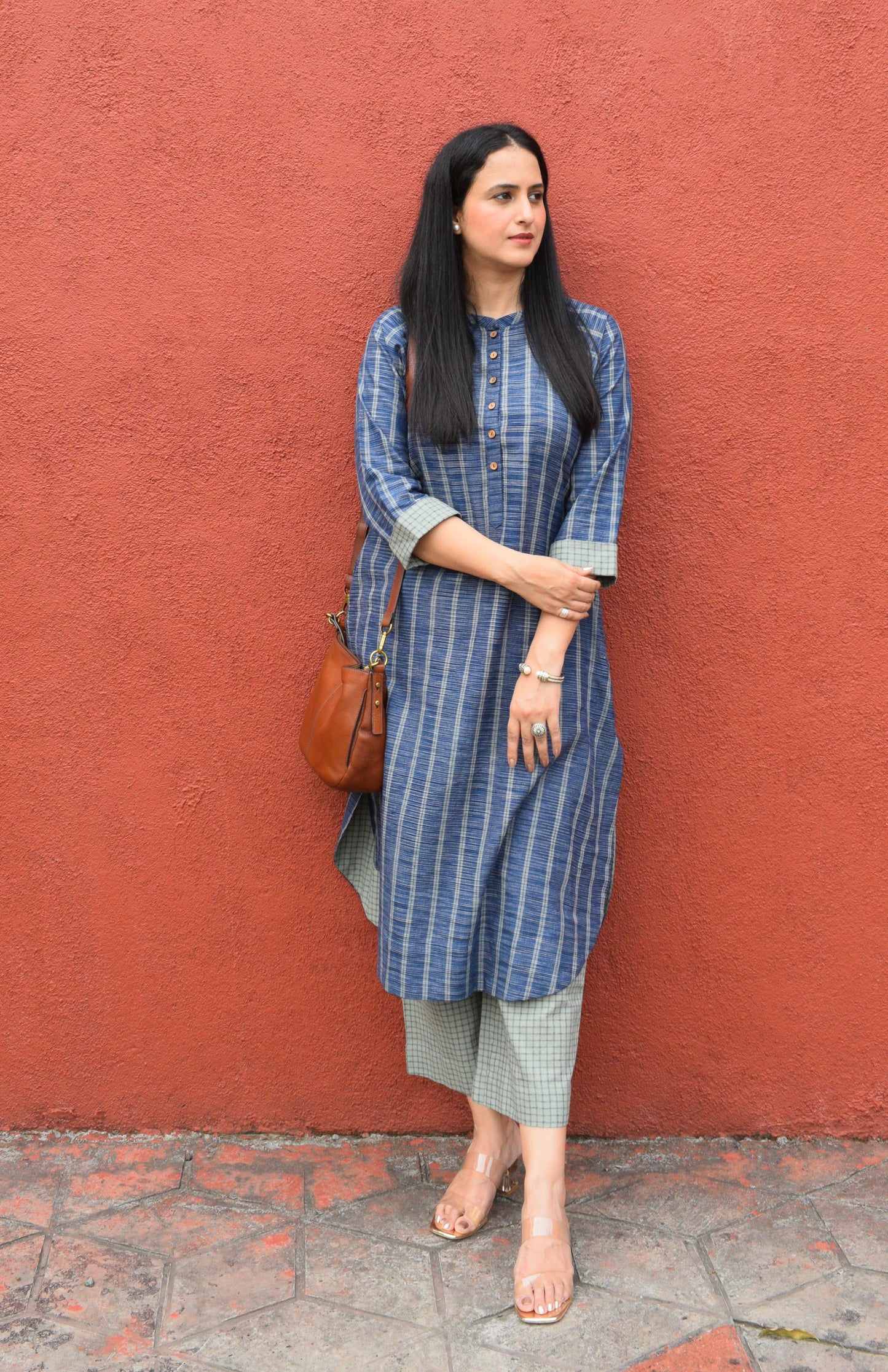 Blue striped Kurta with Raglan sleeve and sage green Pyjama in Handwoven cotton