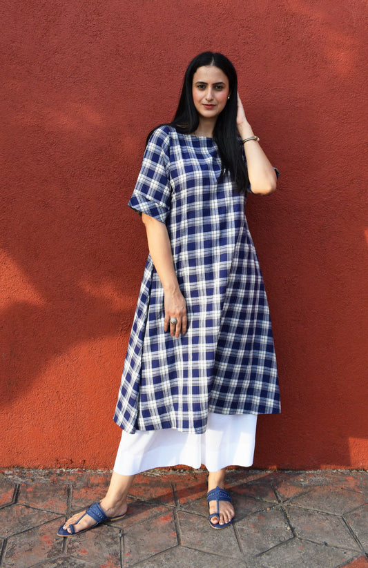 Blue and White Checks Kurta Set in handwoven checks and White Pyjama