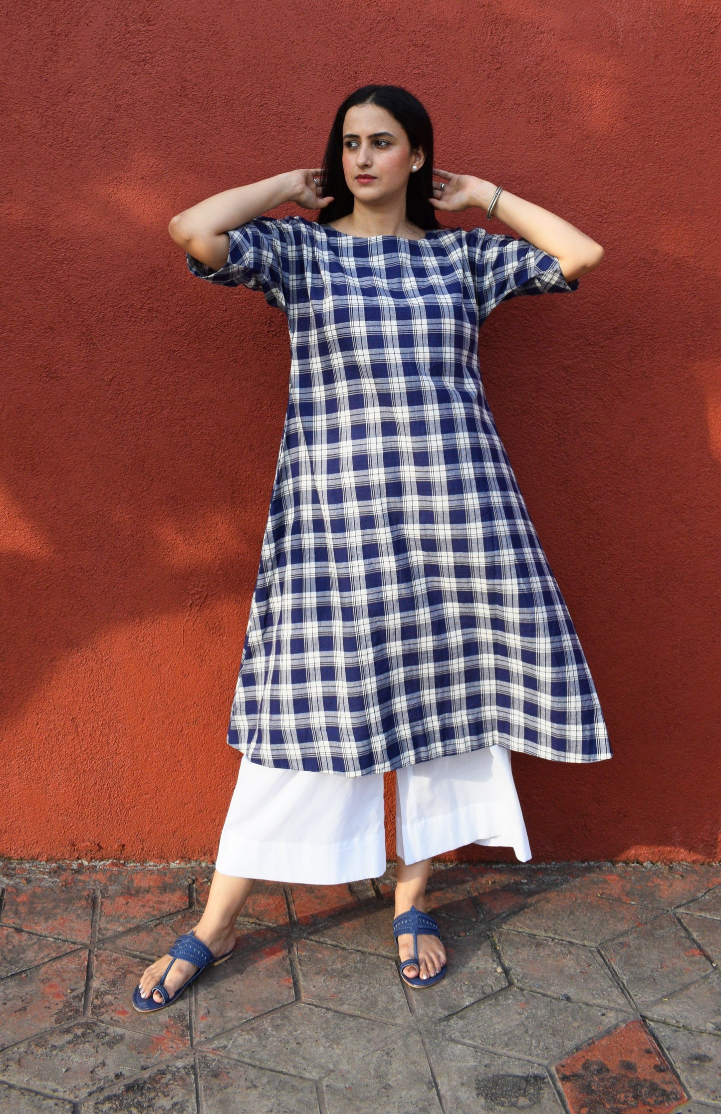 Blue and White Checks Kurta Set in handwoven checks and White Pyjama