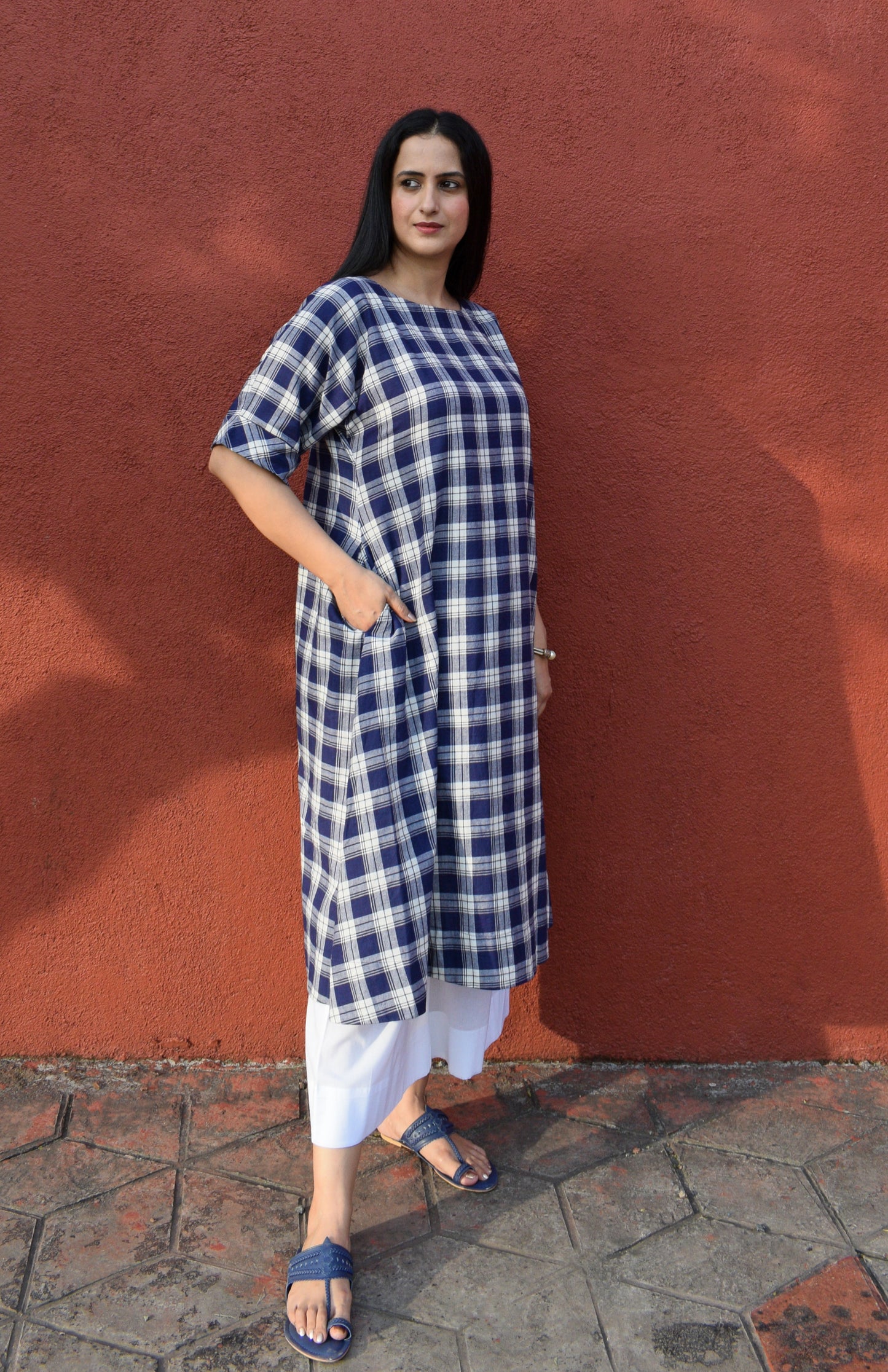 Blue and White Checks Kurta Set in handwoven checks and White Pyjama