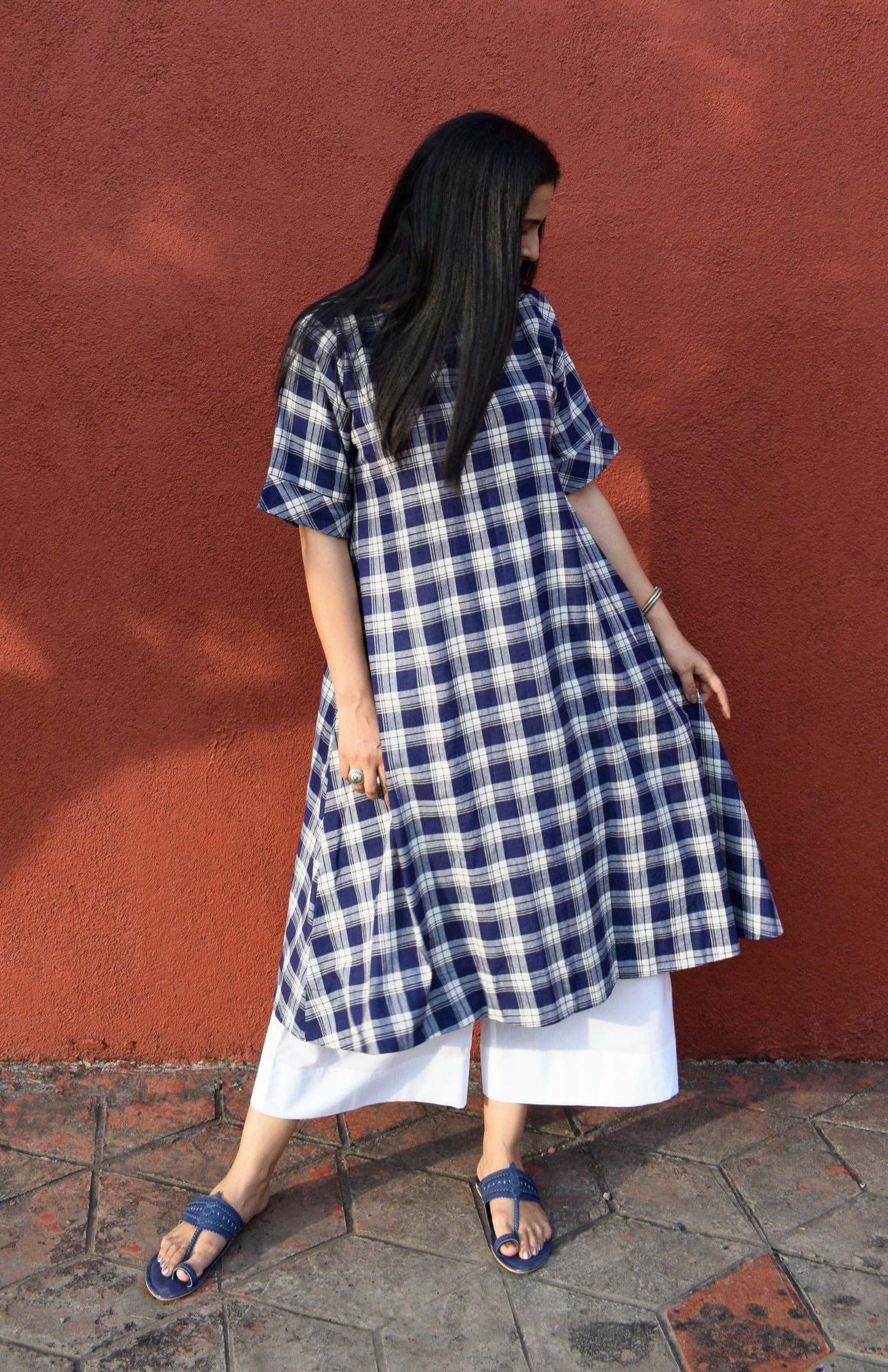 Blue and White Checks Kurta Set in handwoven checks and White Pyjama