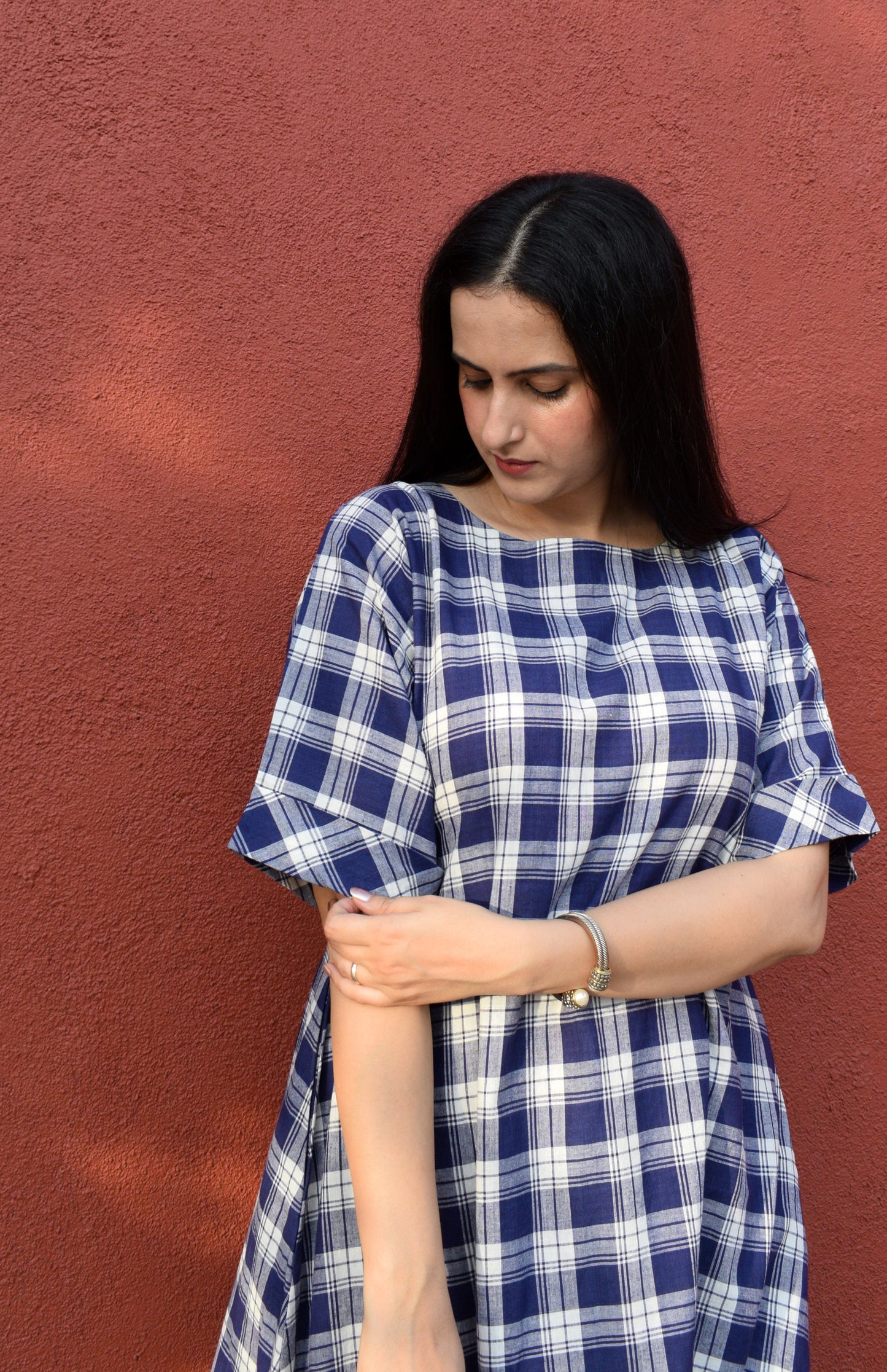 Blue and White Checks Kurta Set in handwoven checks and White Pyjama