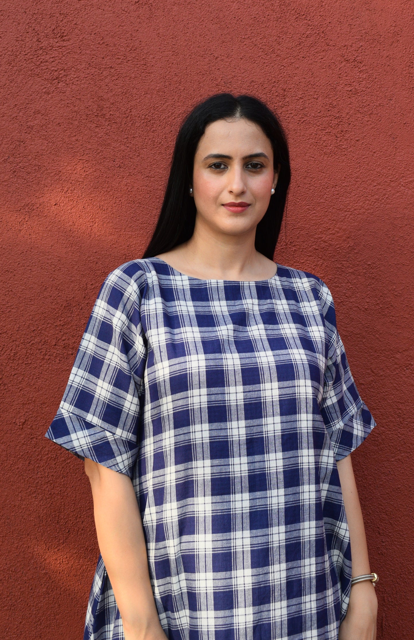 Blue and White Checks Kurta Set in handwoven checks and White Pyjama
