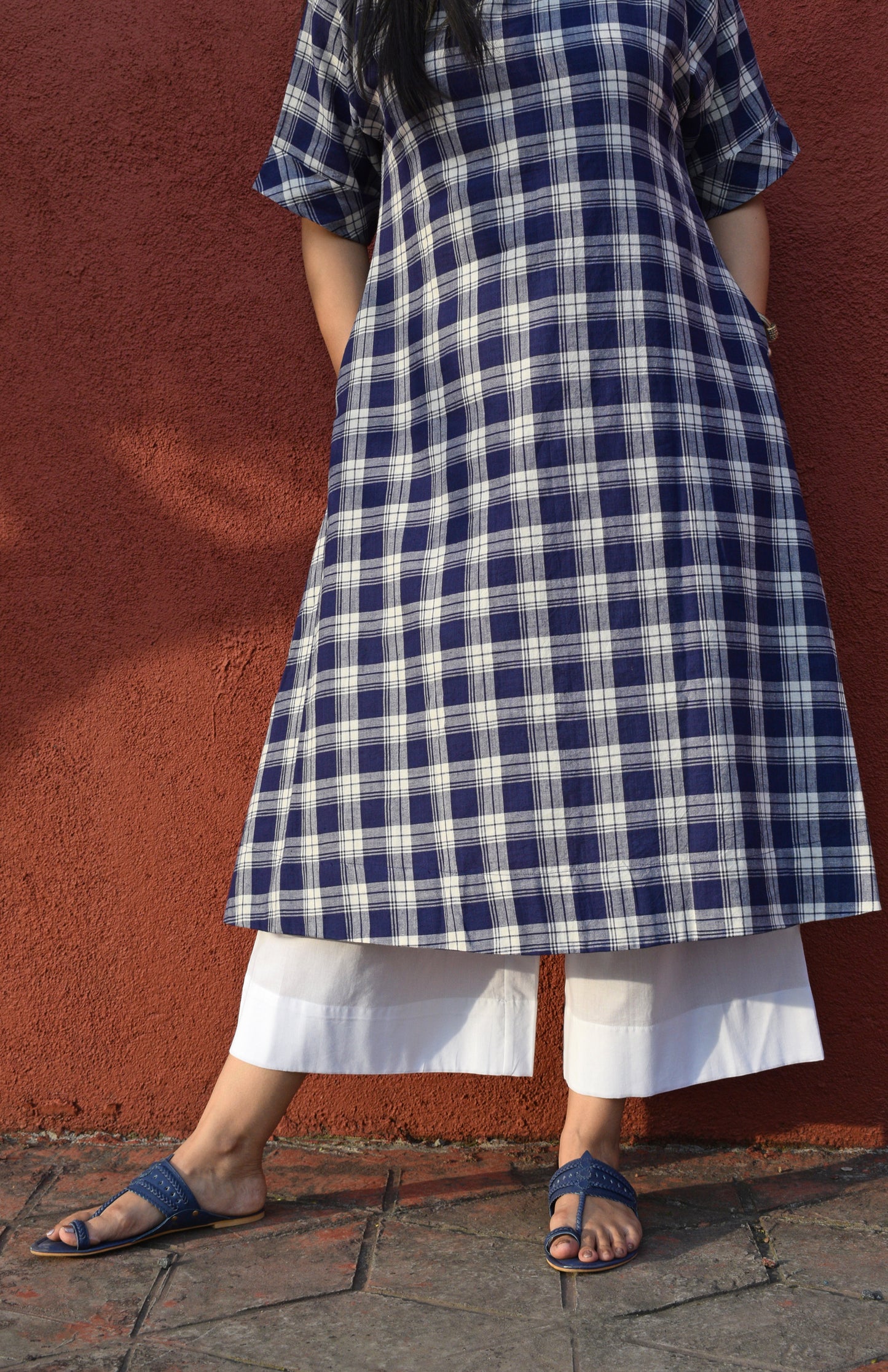 Blue and White Checks Kurta Set in handwoven checks and White Pyjama