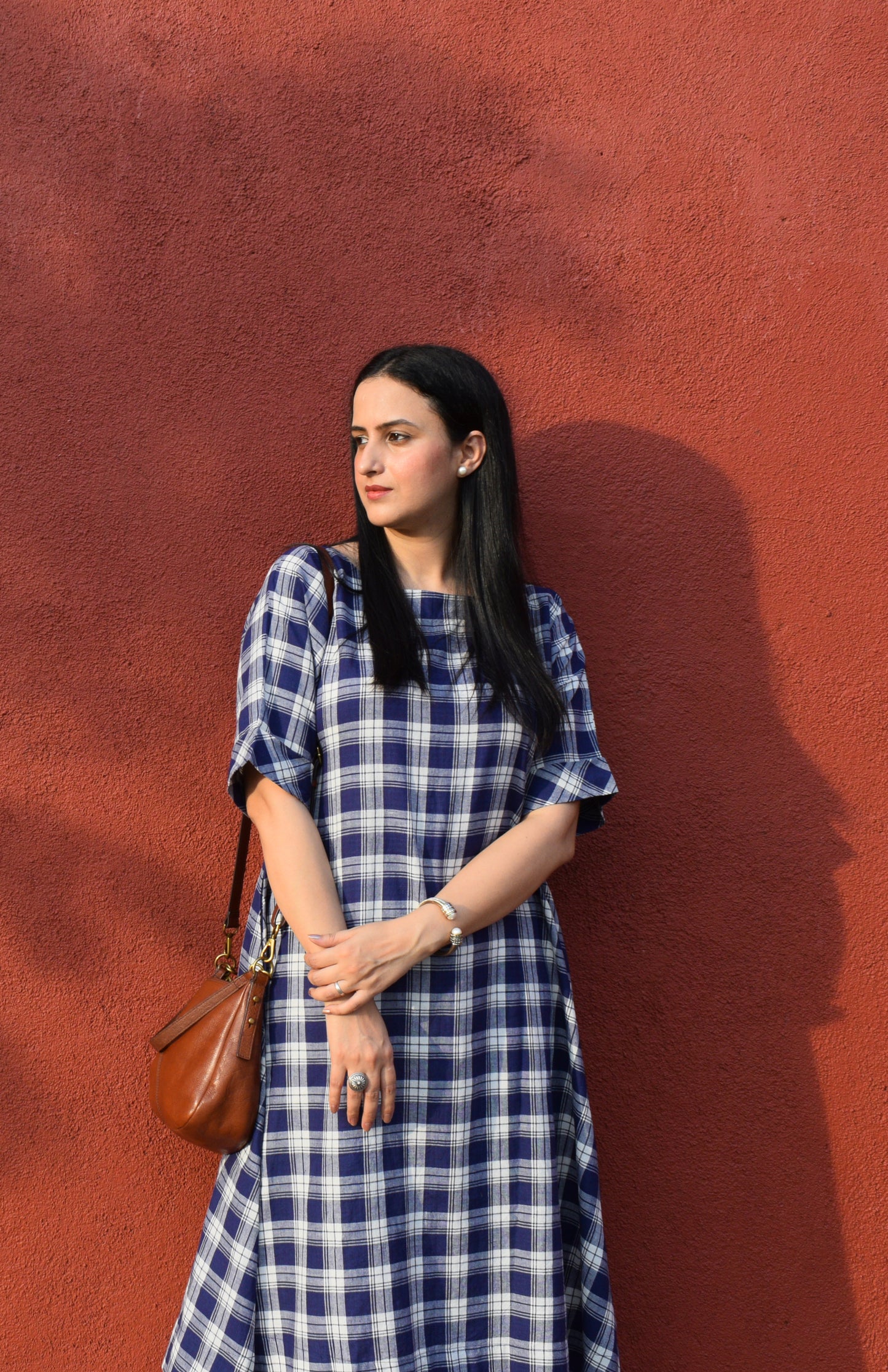 Blue and White Checks Kurta Set in handwoven checks and White Pyjama