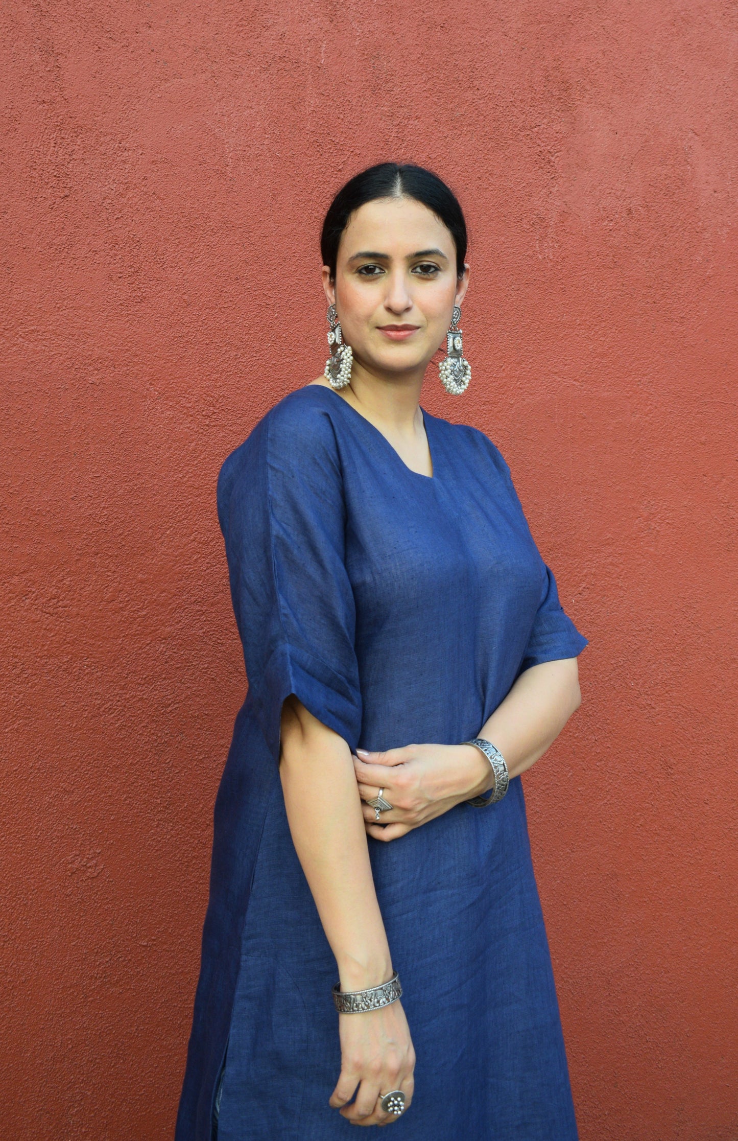 Dark Blue Linen Choga with Short kimono Sleeves