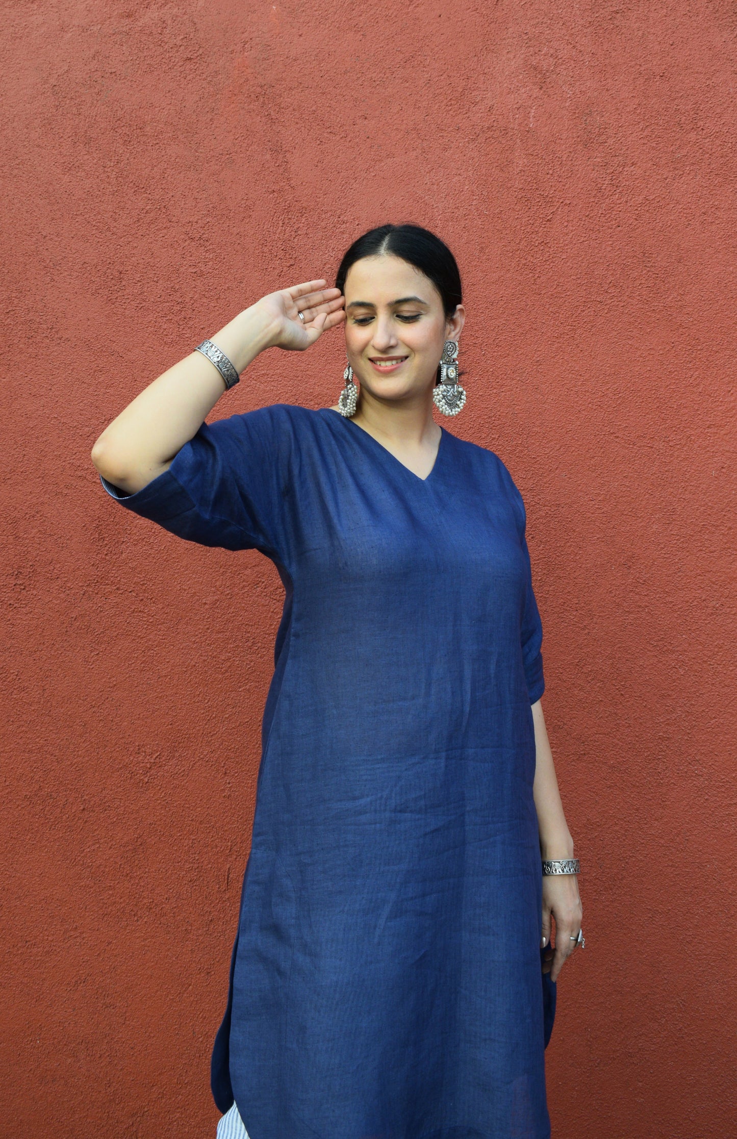 Dark Blue Linen Choga with Short kimono Sleeves