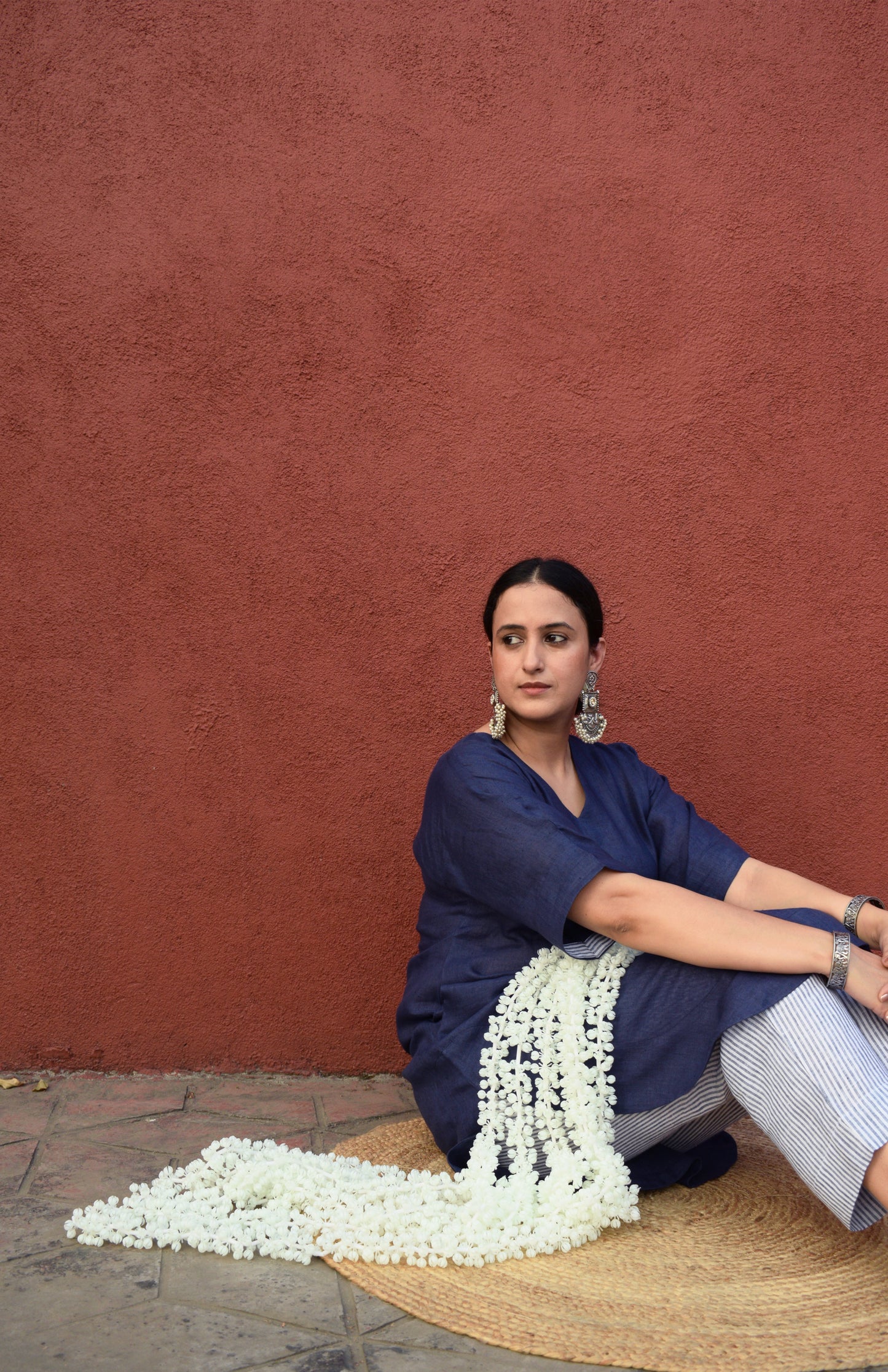 Dark Blue Linen Choga with Short kimono Sleeves