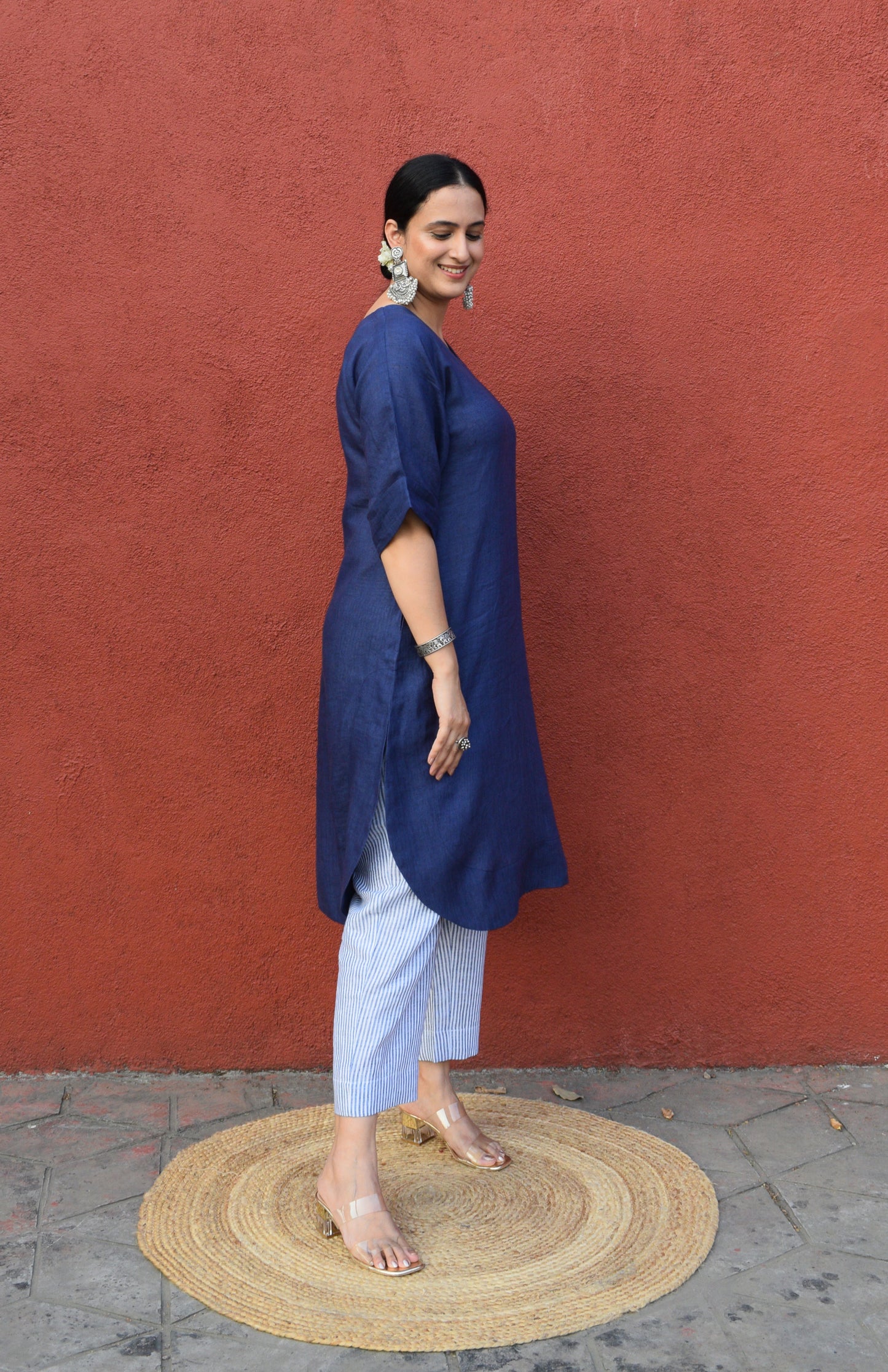 Dark Blue Linen Choga with Short kimono Sleeves