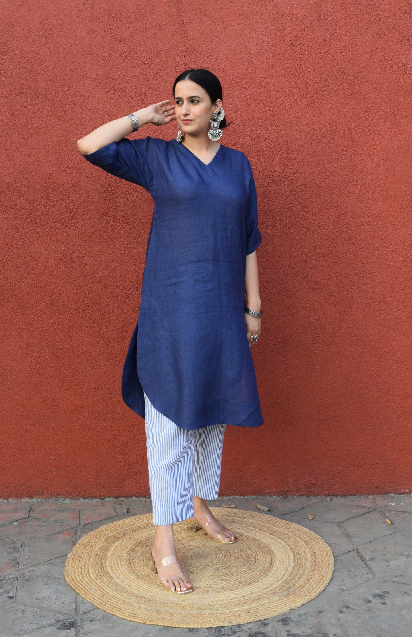Dark Blue Linen Choga with Short kimono Sleeves