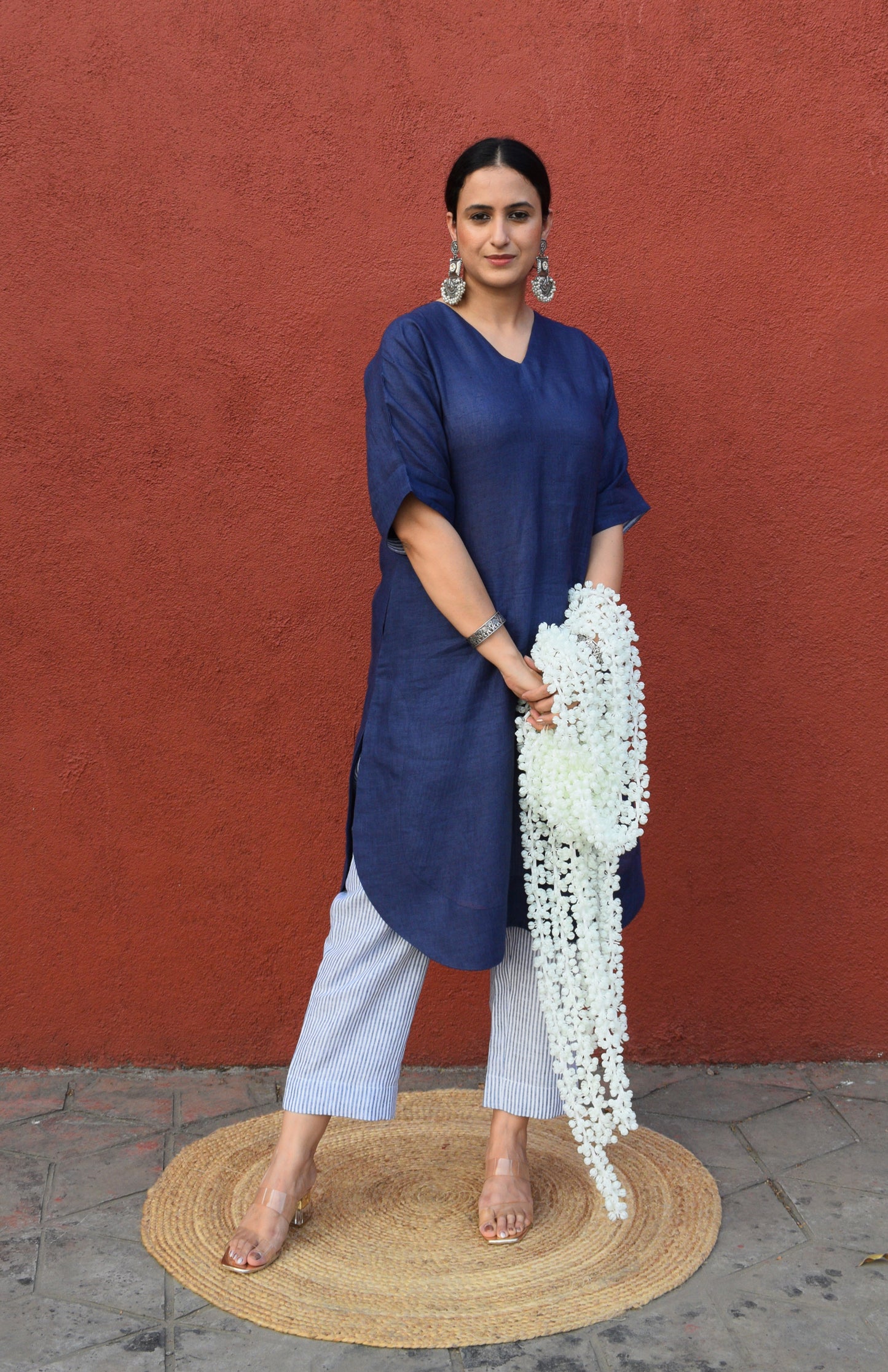 Dark Blue Linen Choga with Short kimono Sleeves