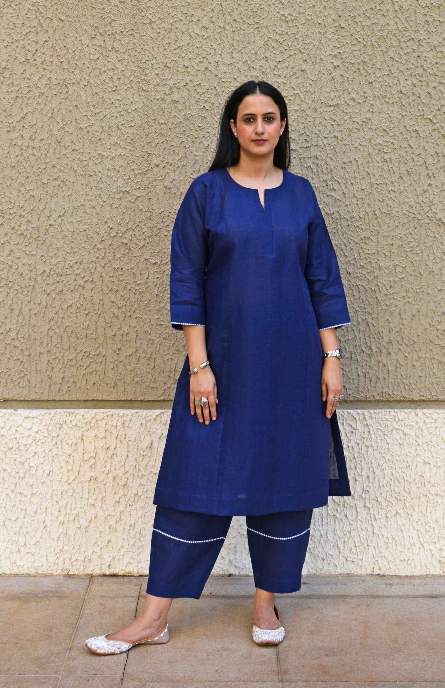 Dark blue linen straight fit paneled kurta