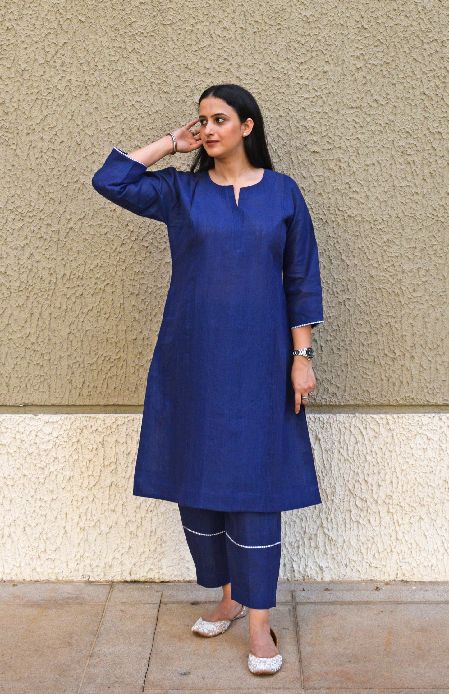 Dark blue linen straight fit paneled kurta