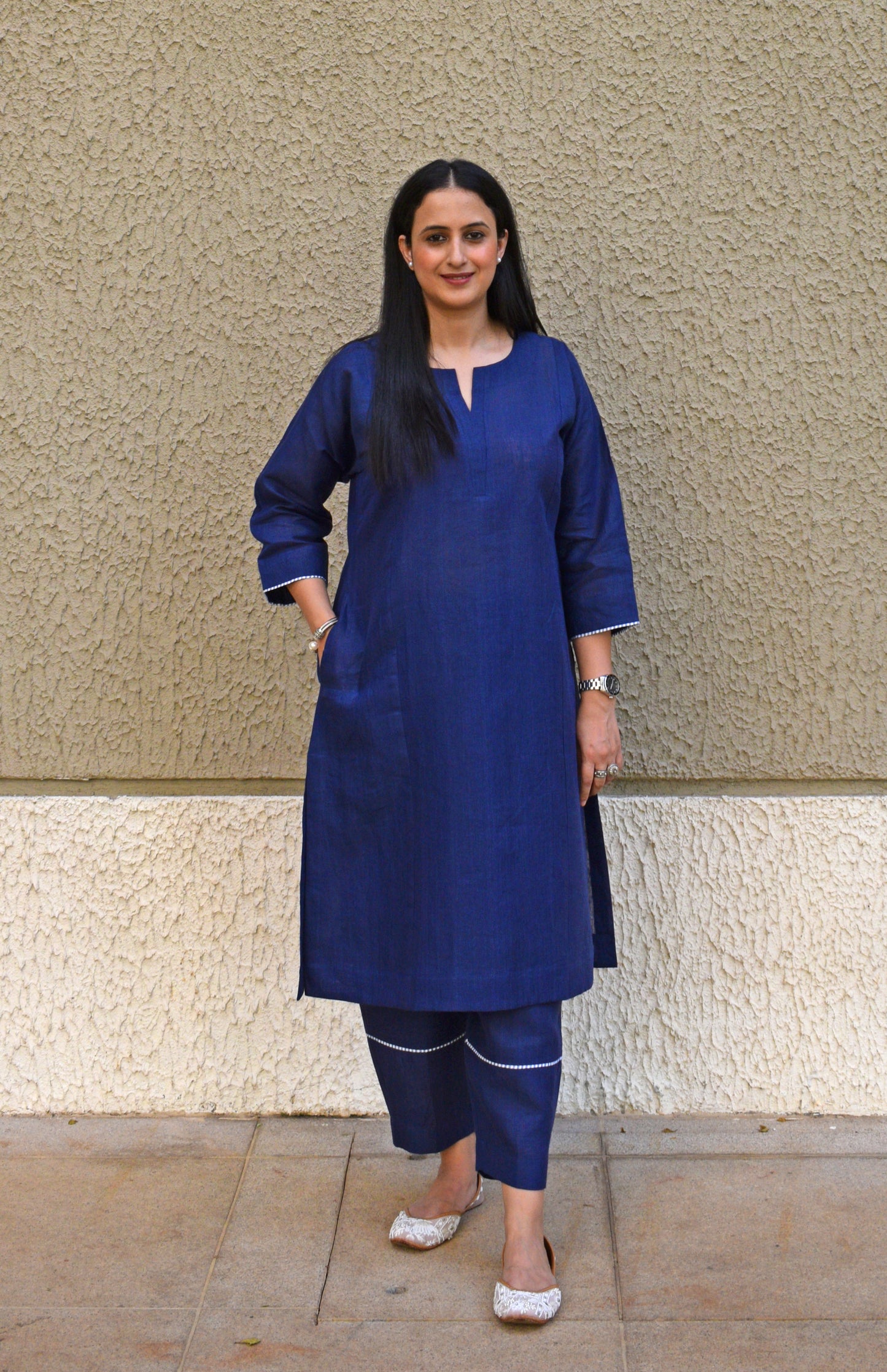 Dark blue linen straight fit paneled kurta