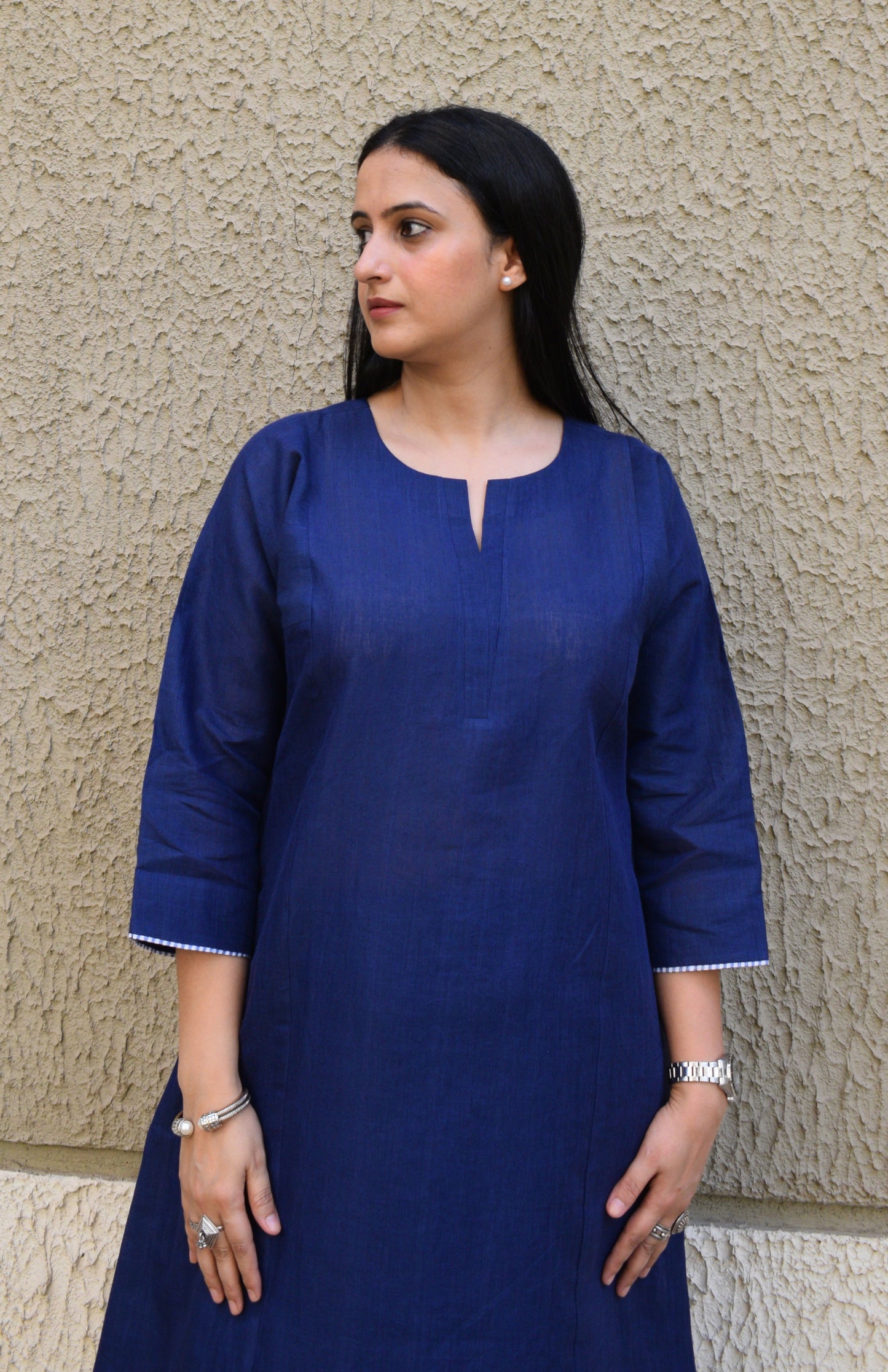 Dark blue linen straight fit paneled kurta