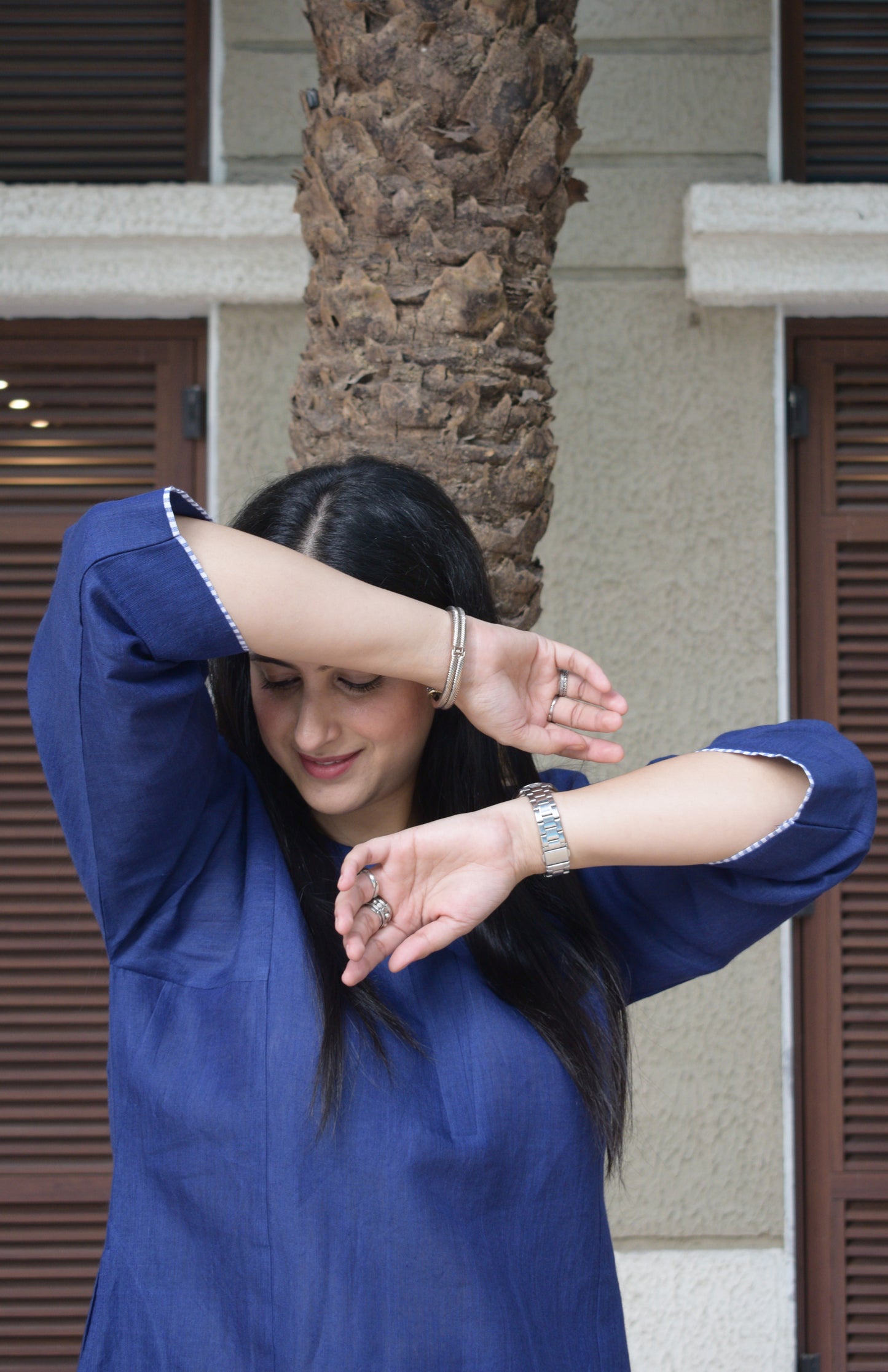 Dark blue linen straight fit paneled kurta