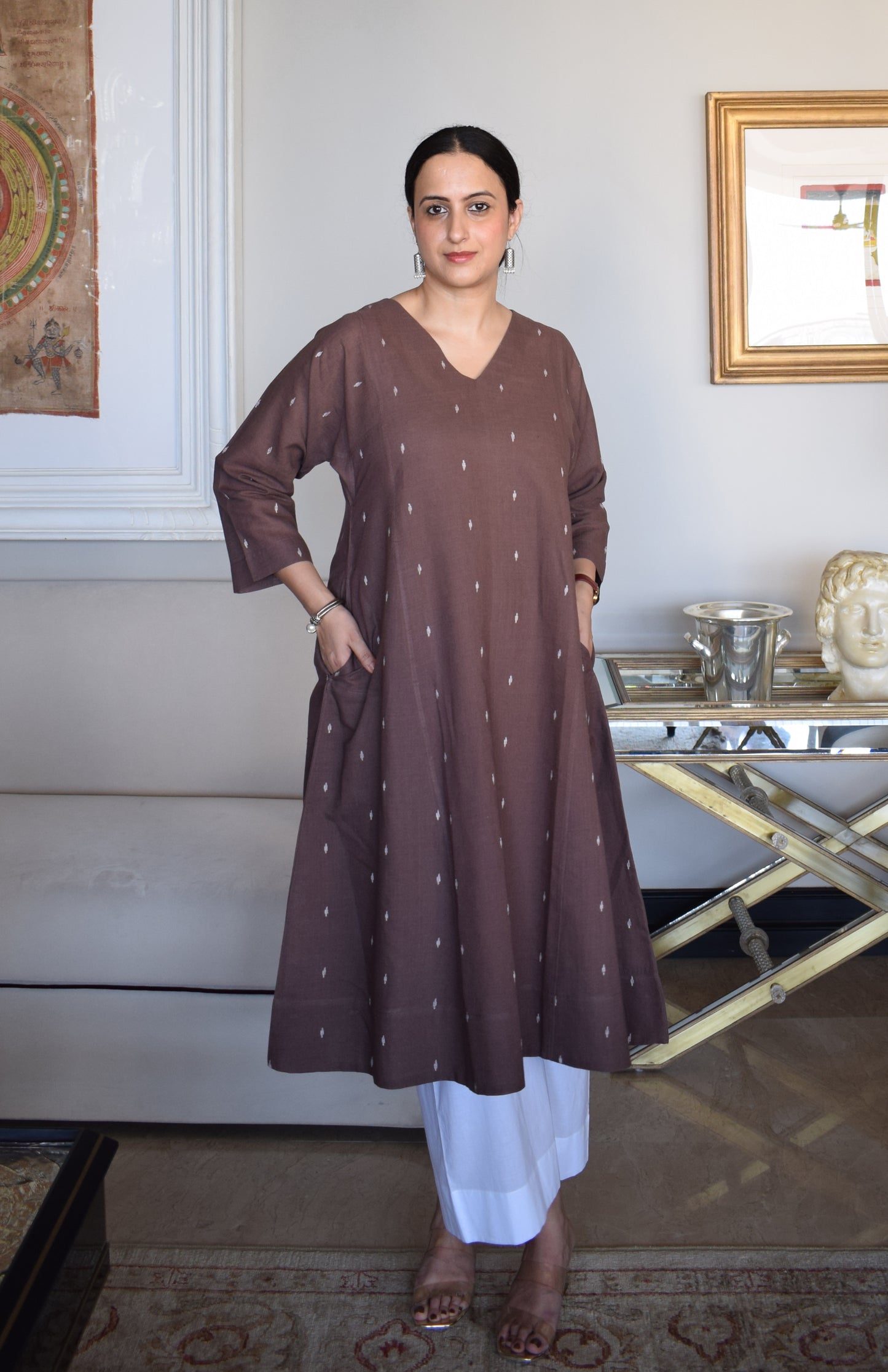 Brown Jamdani Phiran with White Pyjama