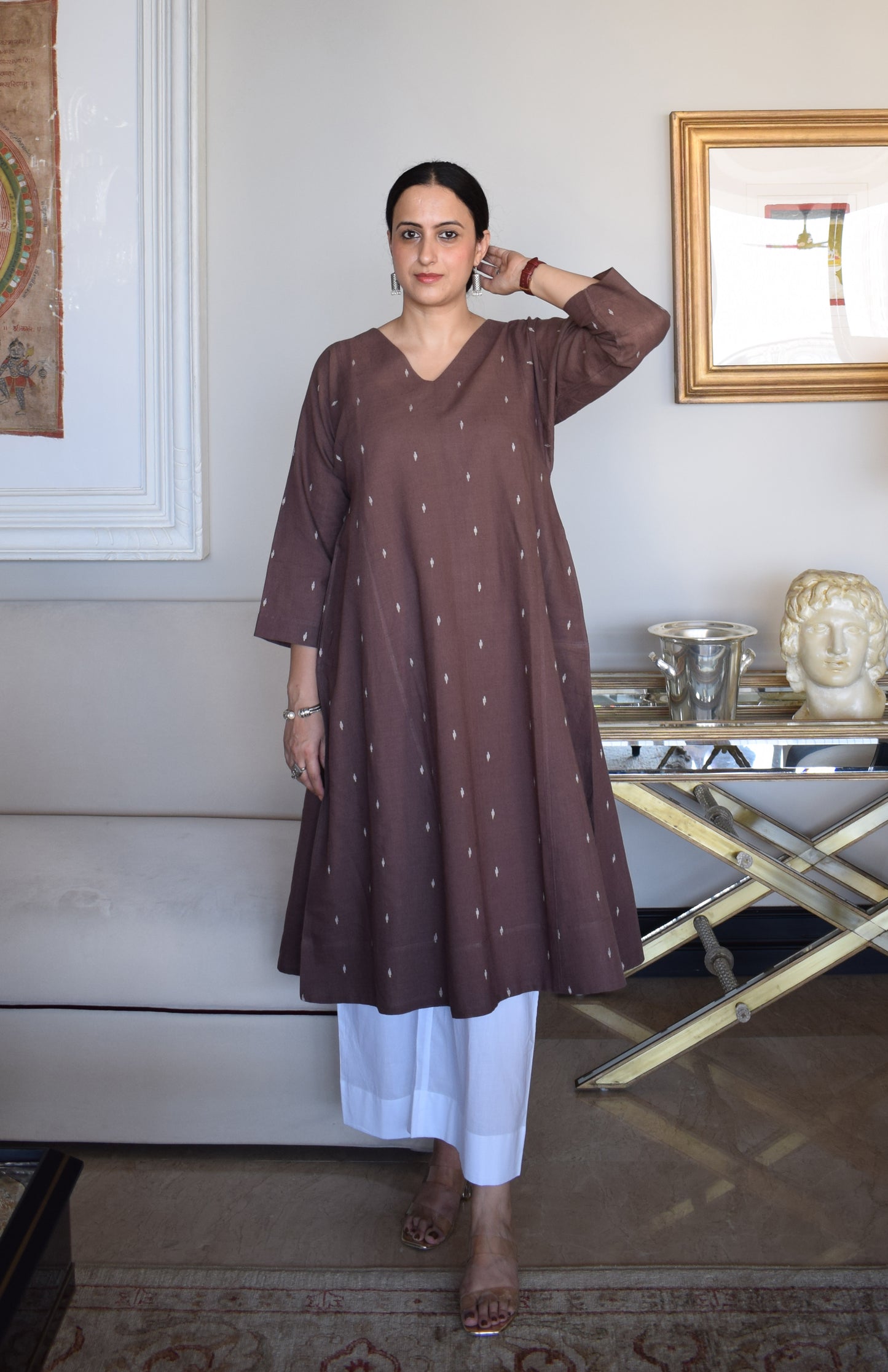 Brown Jamdani Phiran with White Pyjama