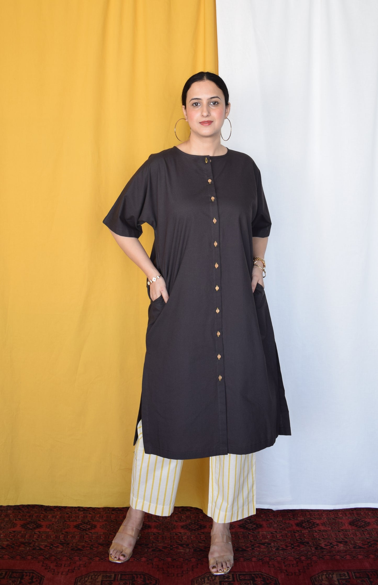 Charcoal Boxy Fit Kurta with Yellow Striped Pants